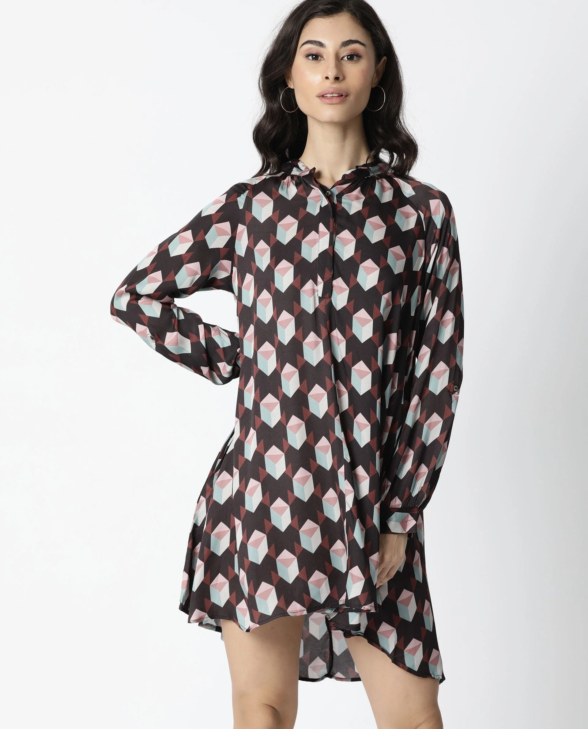 Rareism Women's Engine Dark Brown Spread Collar Geometric Print Knee Length Regular Fit Dress - Image 9