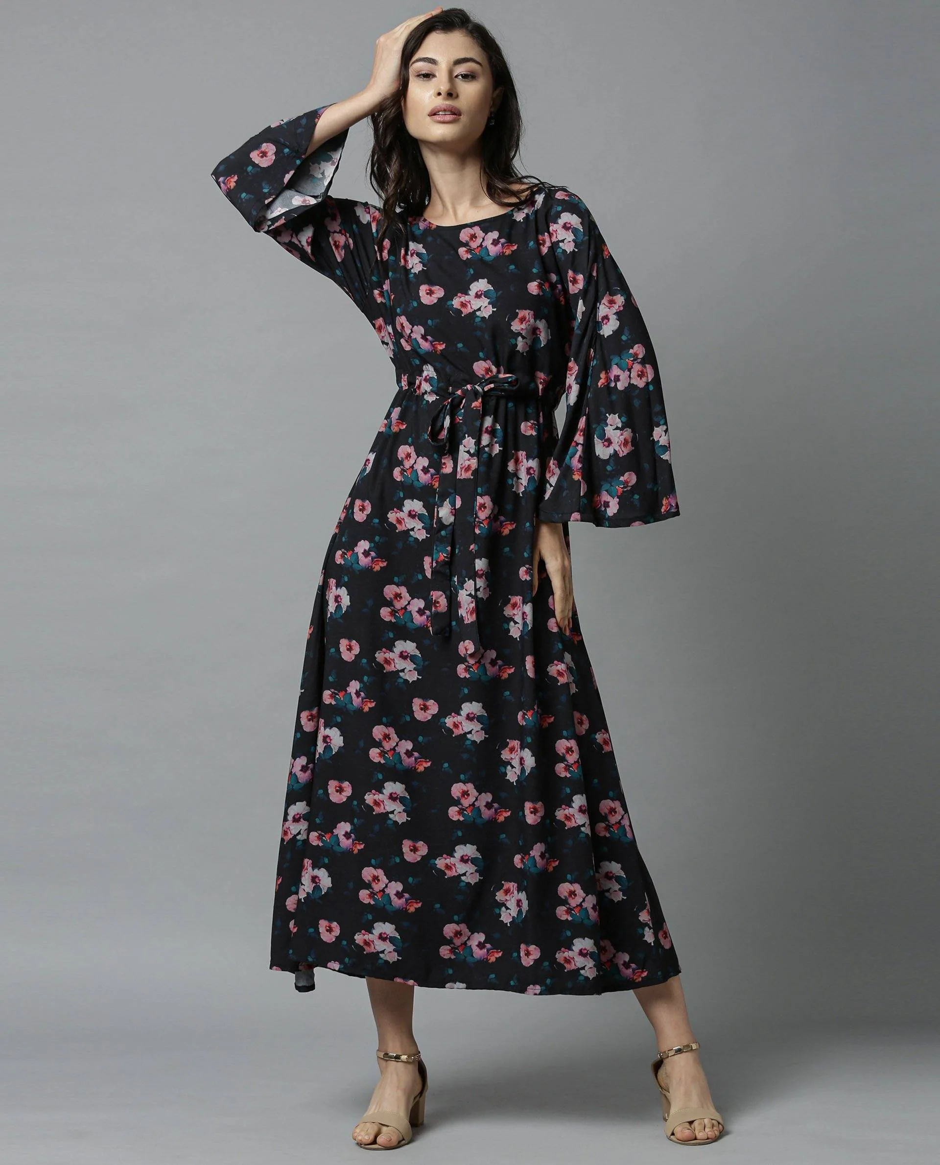 Rareism Women Enhance Black Dress Full Sleeves Printed
