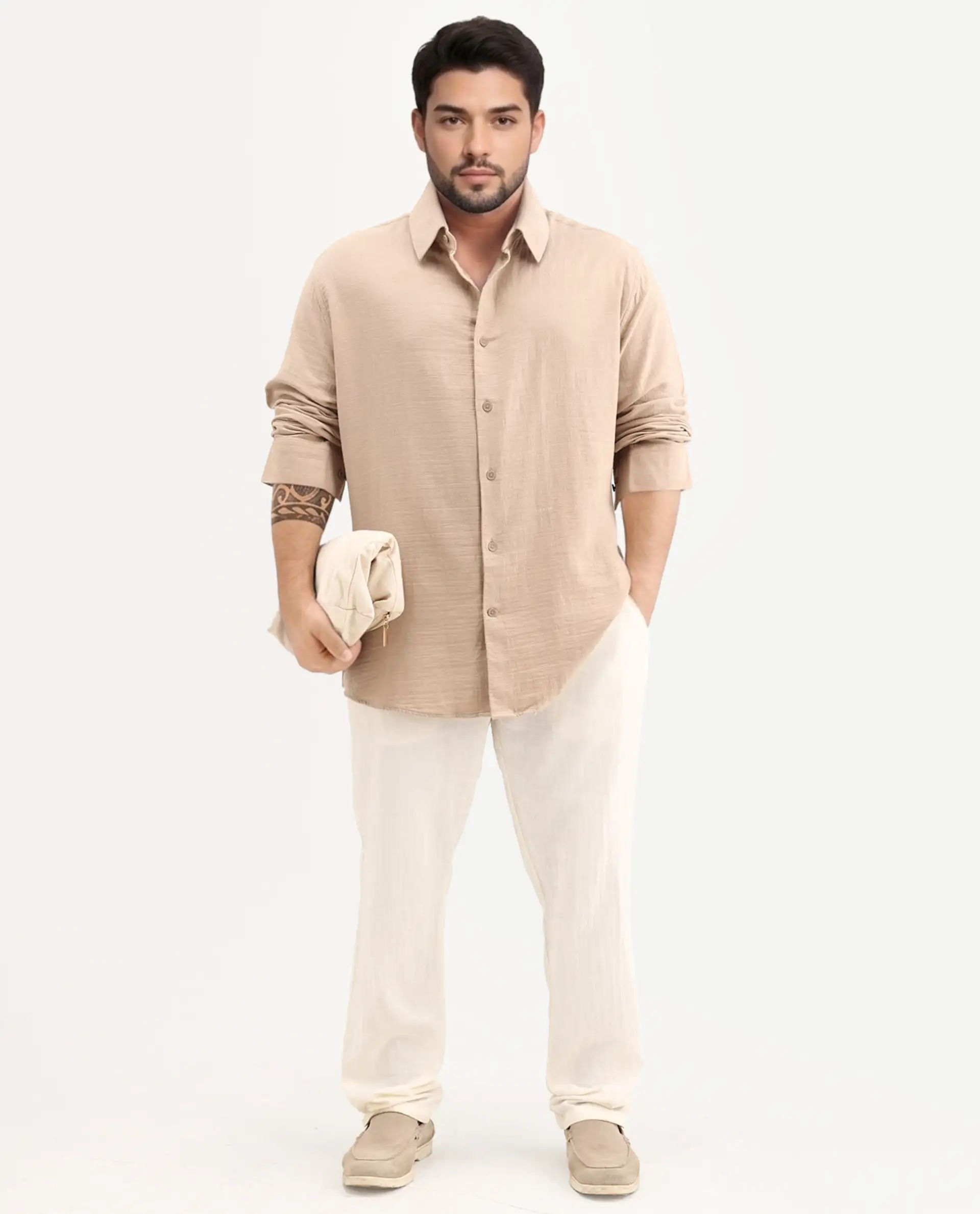 Rare Rabbit Men Enim-L Beige Cotton Fabric Full Sleeve Spread Collar Button Closure Relaxed Fit Plain Shirt - Image 2