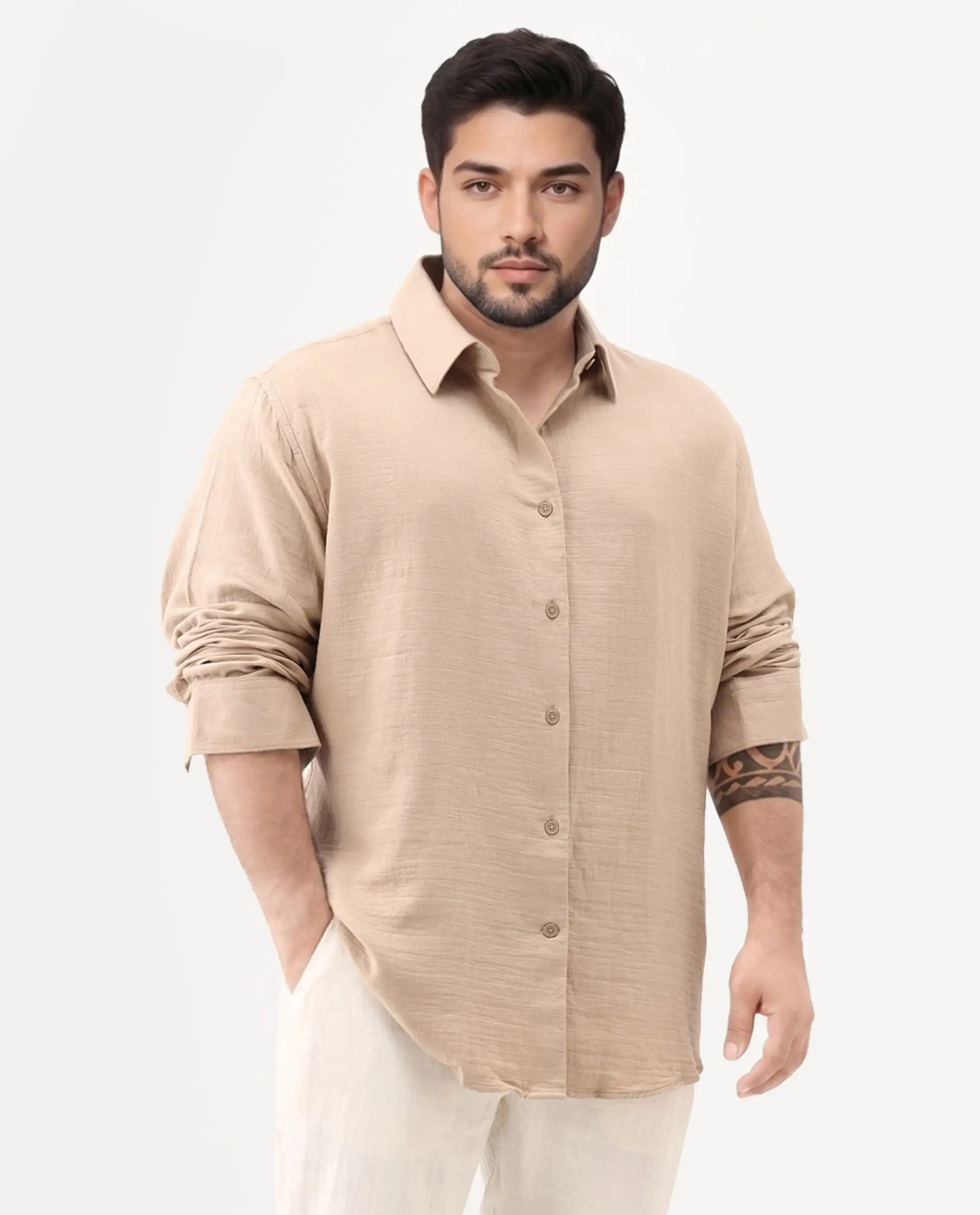 Rare Rabbit Men Enim-L Beige Cotton Fabric Full Sleeve Spread Collar Button Closure Relaxed Fit Plain Shirt - Image 4