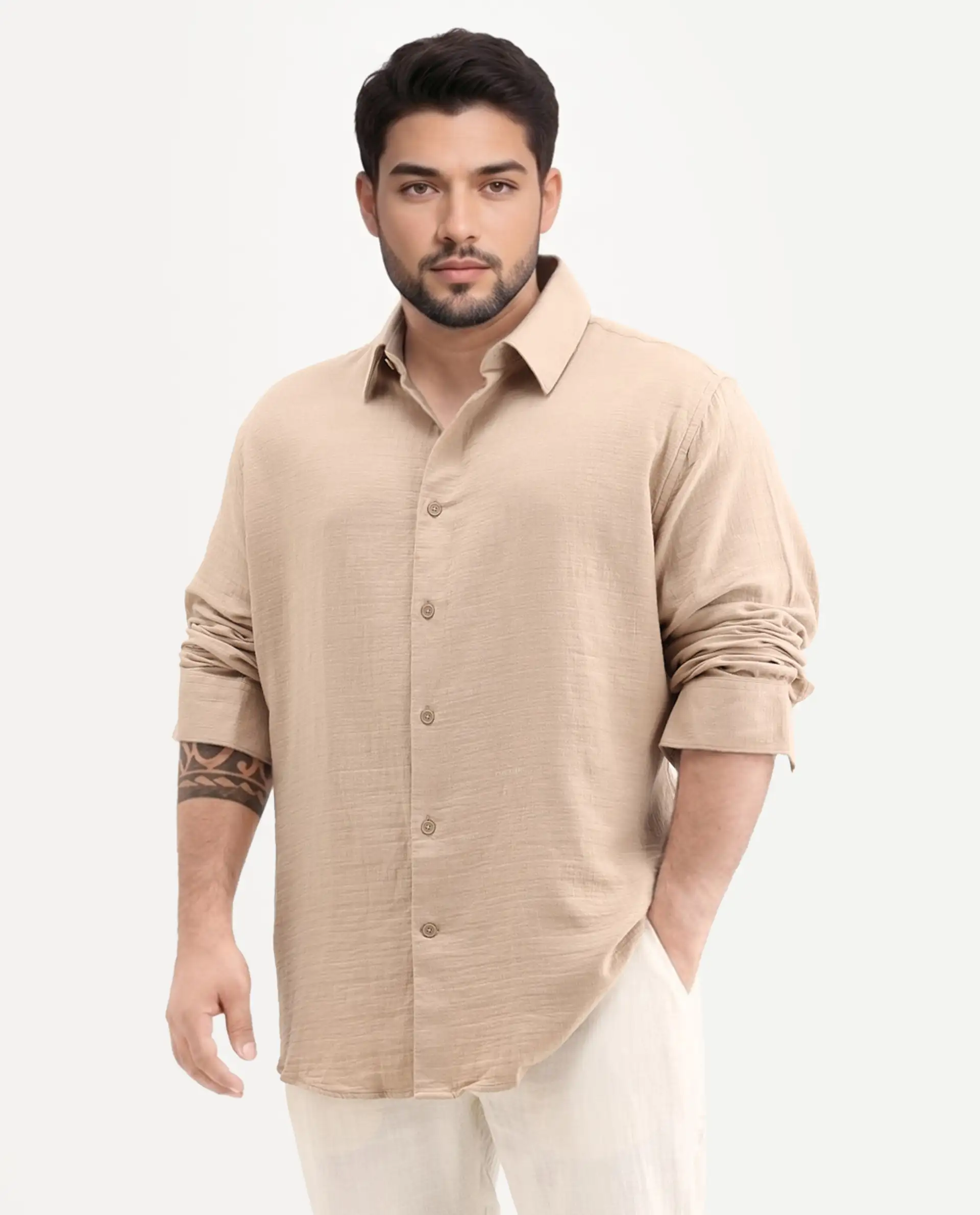 Rare Rabbit Men Enim-L Beige Cotton Fabric Full Sleeve Spread Collar Button Closure Relaxed Fit Plain Shirt - Image 5