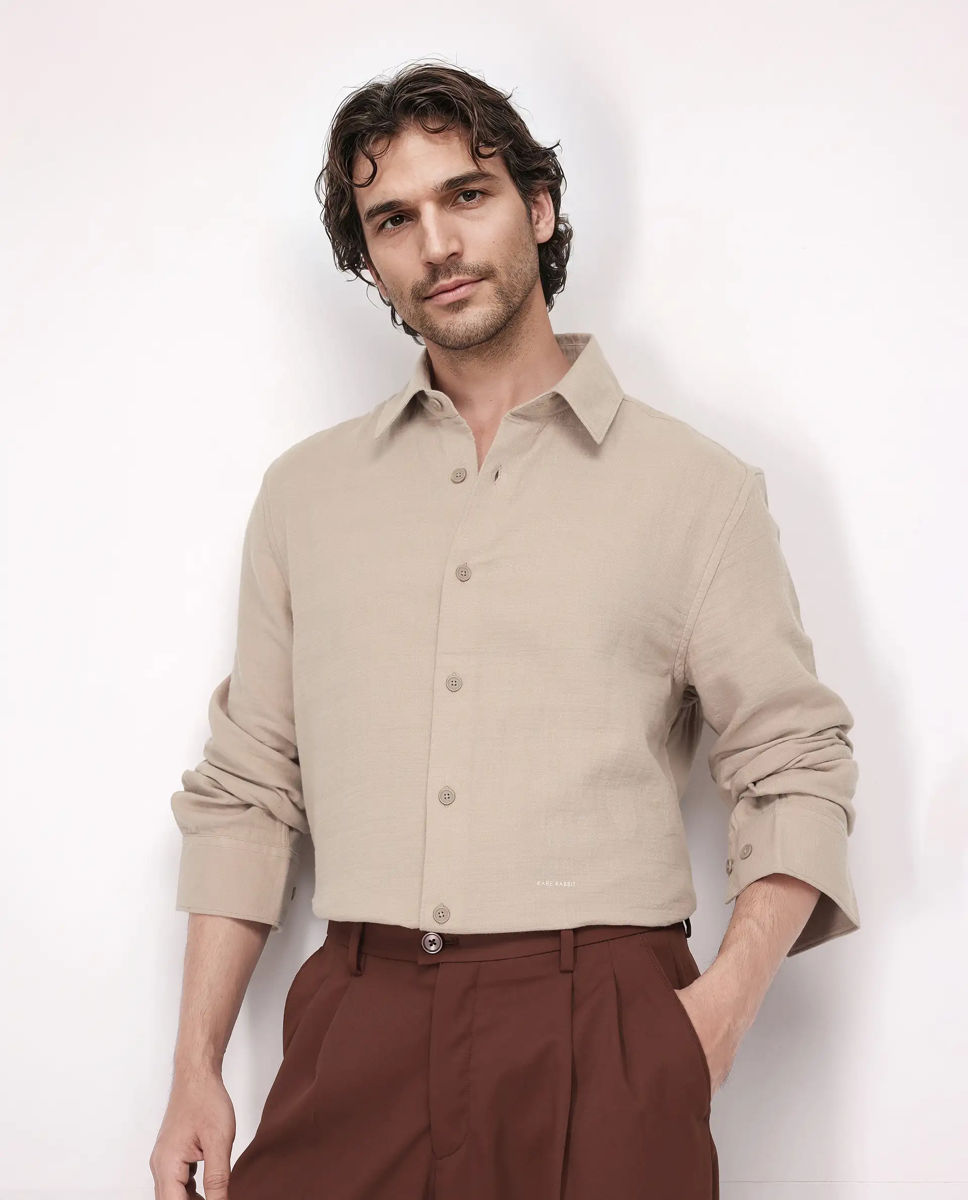Rare Rabbit Men's Enim Beige Cotton Plain Relaxed Fit Full Sleeve Spread Collar Shirt