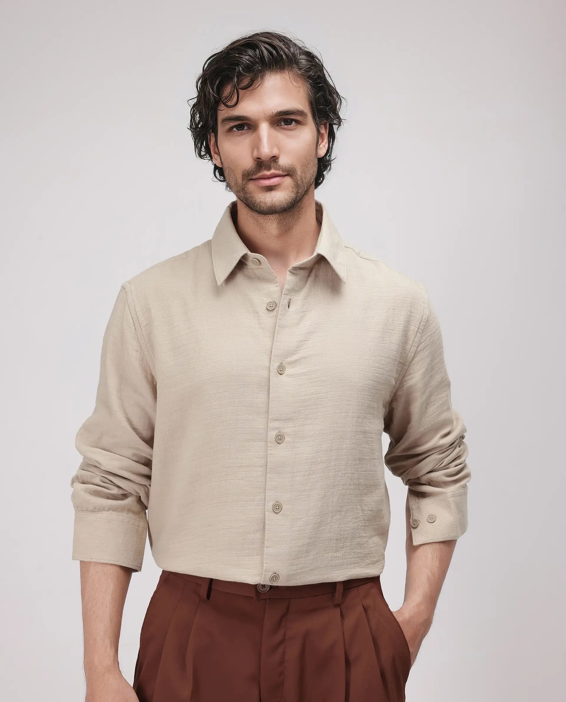 Rare Rabbit Men's Enim Beige Cotton Plain Relaxed Fit Full Sleeve Spread Collar Shirt - Image 2