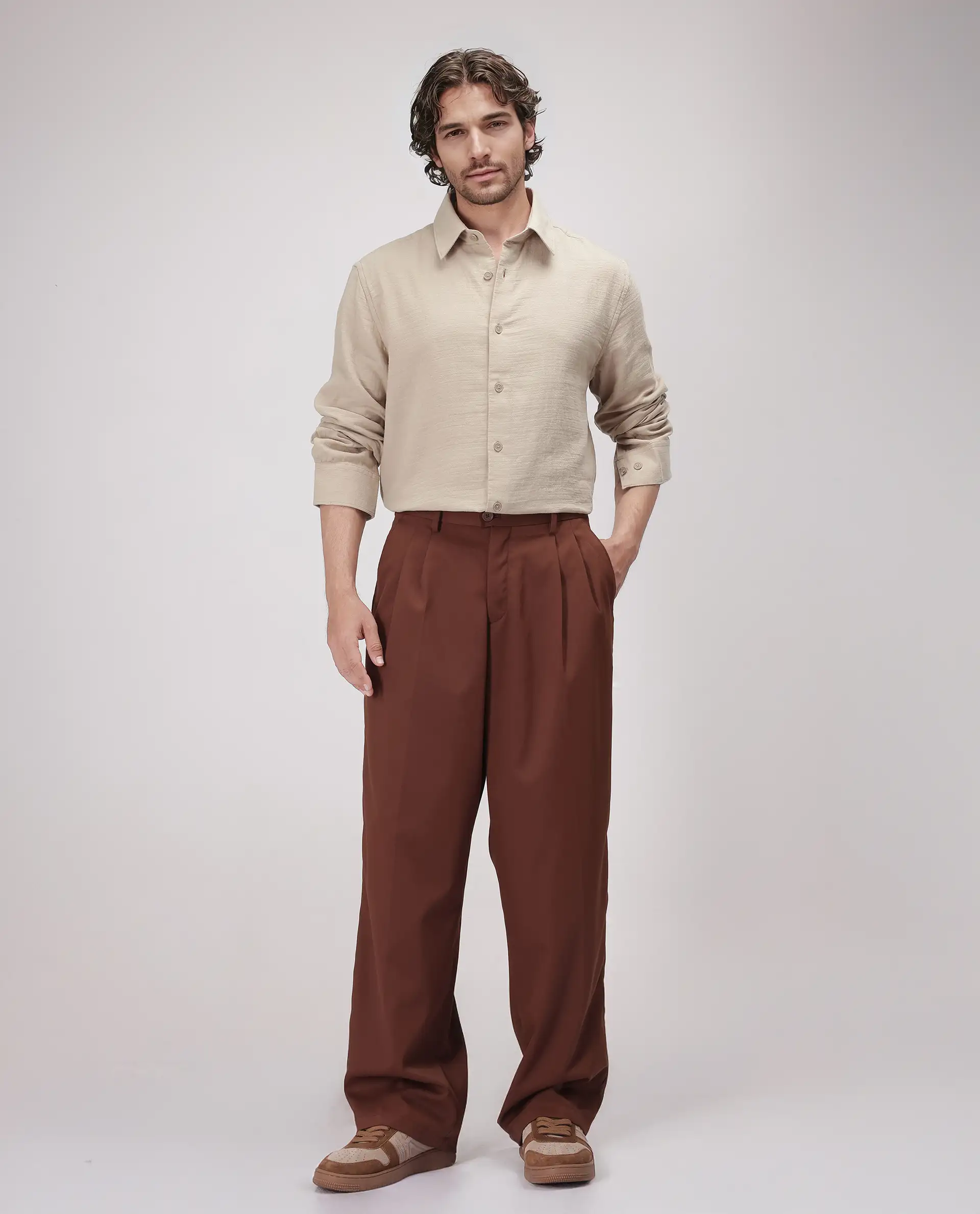 Rare Rabbit Men's Enim Beige Cotton Plain Relaxed Fit Full Sleeve Spread Collar Shirt - Image 3