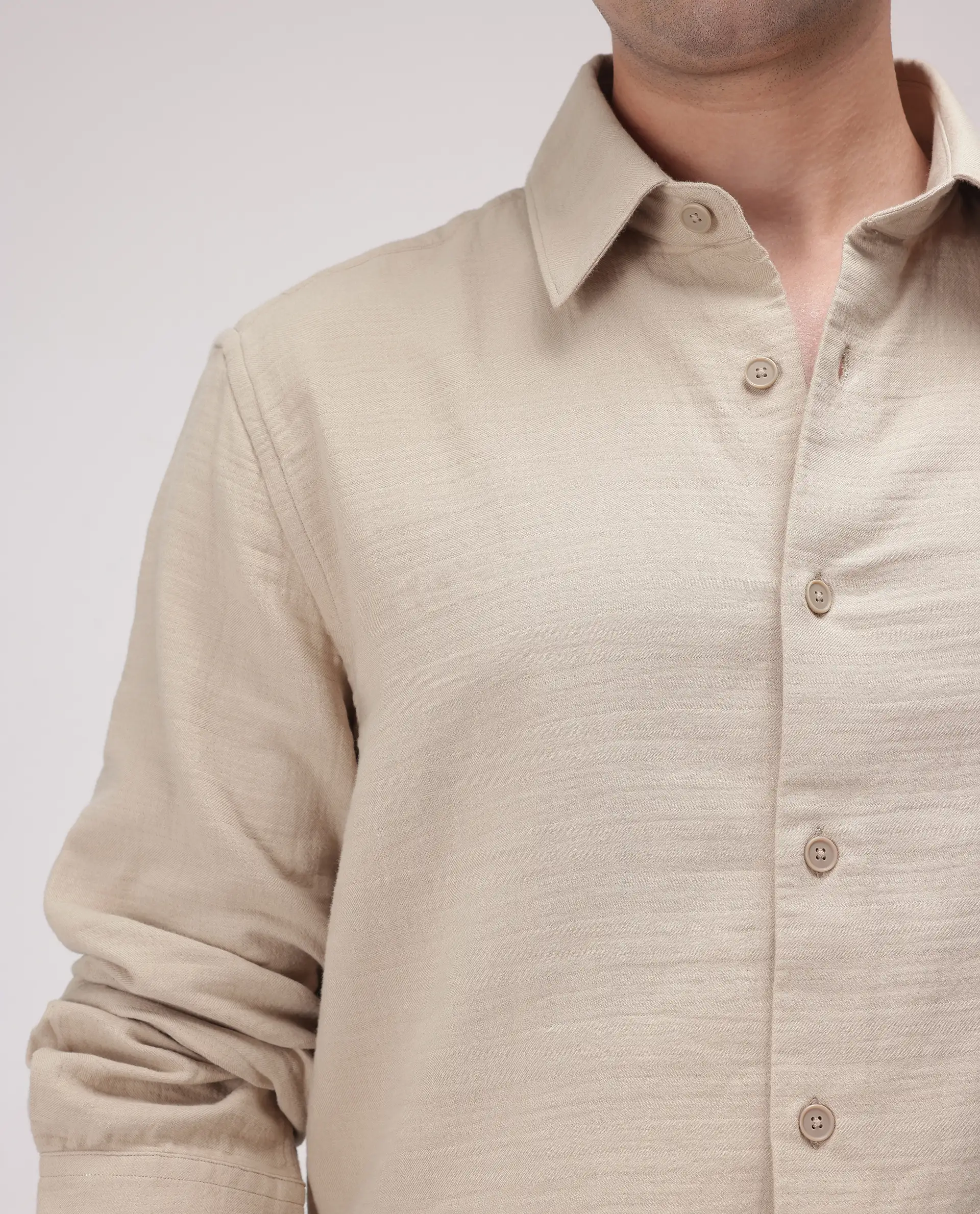 Rare Rabbit Men's Enim Beige Cotton Plain Relaxed Fit Full Sleeve Spread Collar Shirt - Image 4