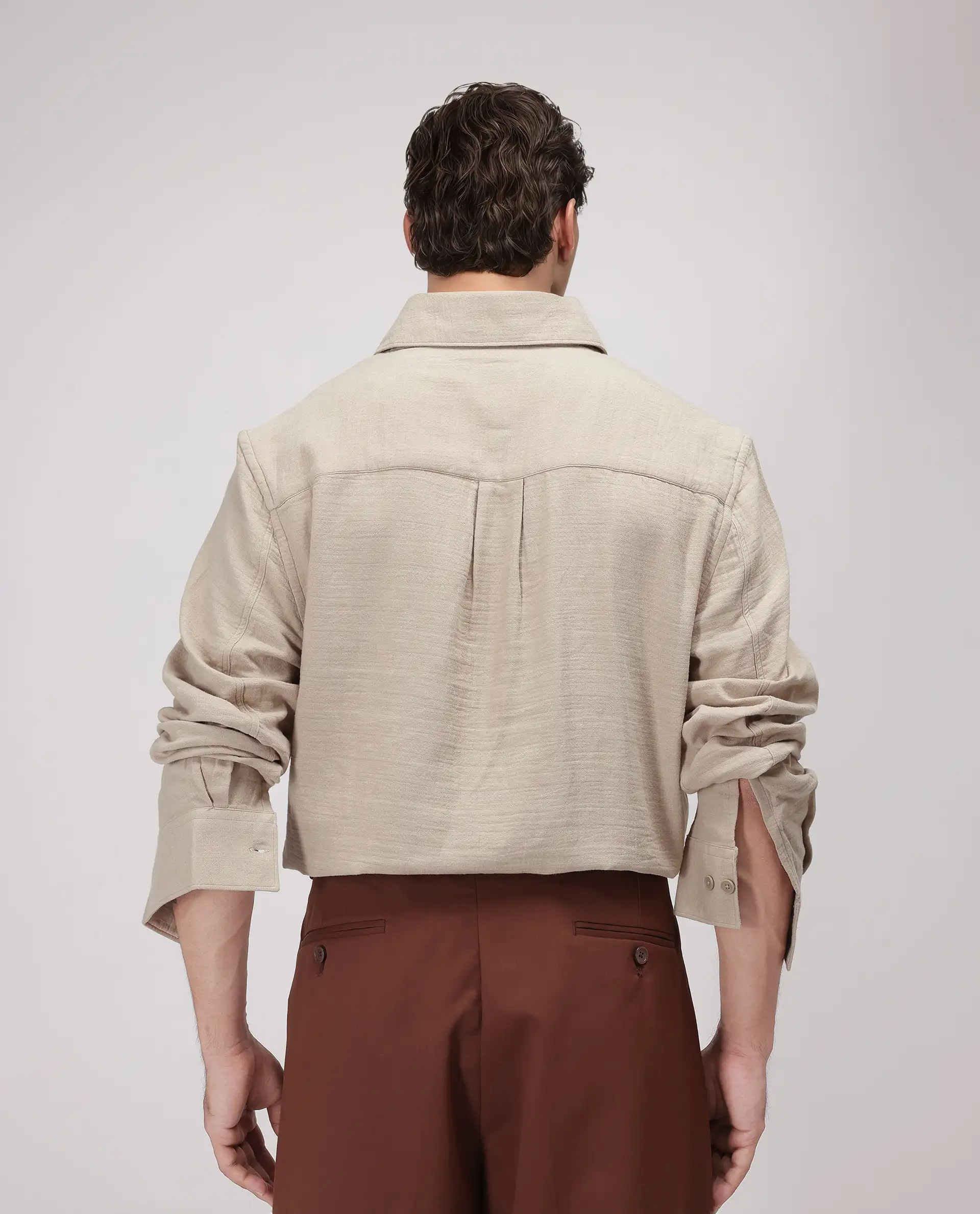 Rare Rabbit Men's Enim Beige Cotton Plain Relaxed Fit Full Sleeve Spread Collar Shirt - Image 5