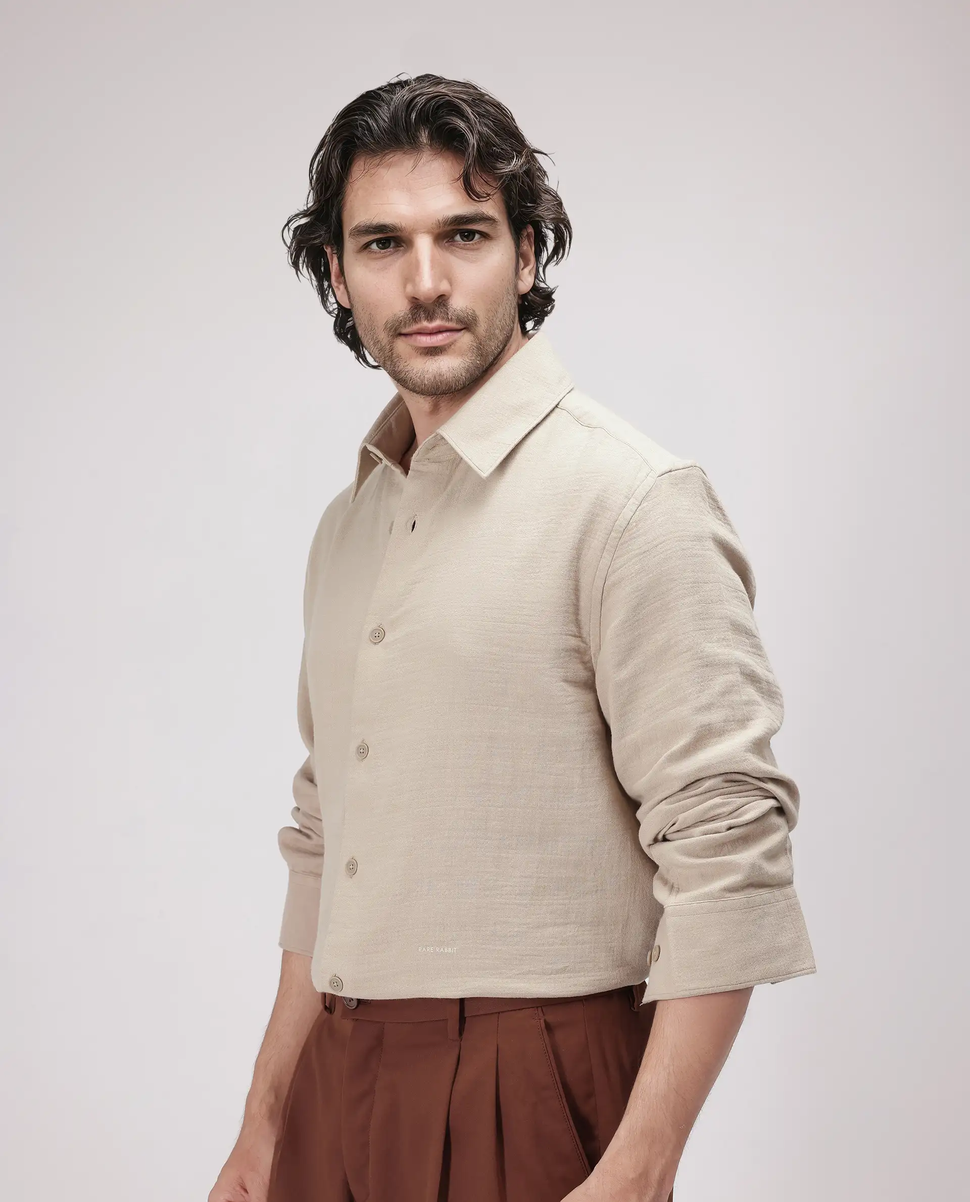 Rare Rabbit Men's Enim Beige Cotton Plain Relaxed Fit Full Sleeve Spread Collar Shirt - Image 7