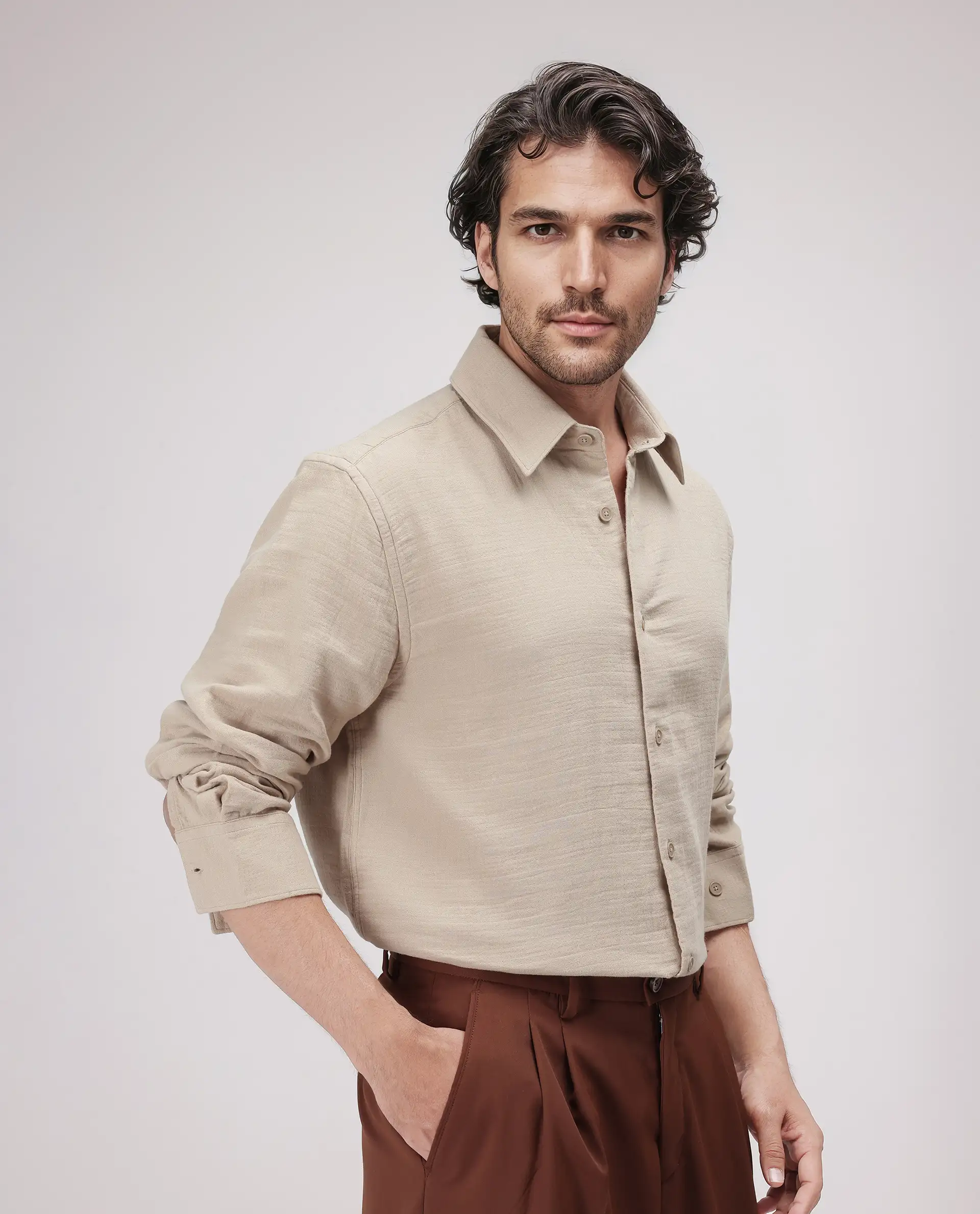 Rare Rabbit Men's Enim Beige Cotton Plain Relaxed Fit Full Sleeve Spread Collar Shirt - Image 8