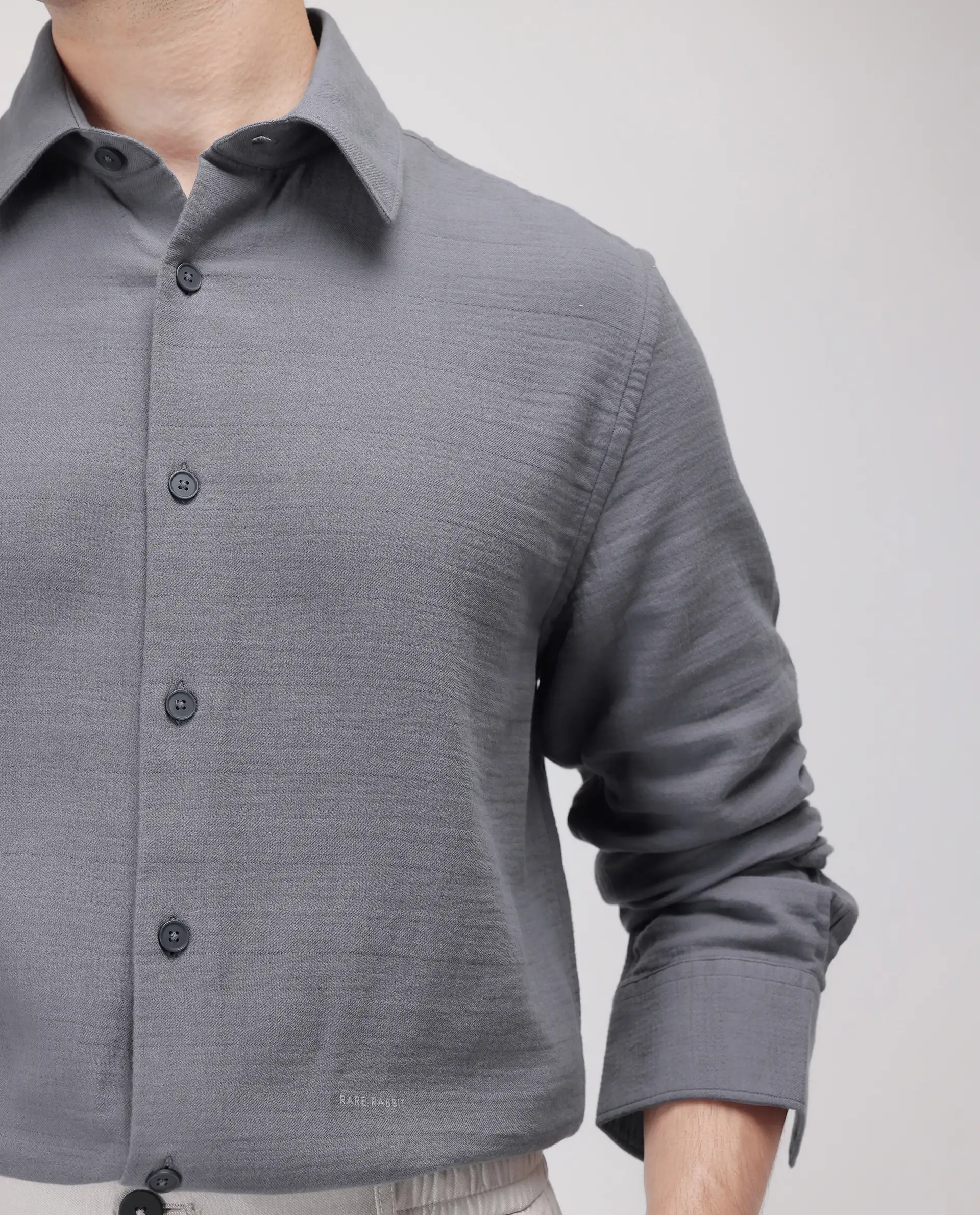 Rare Rabbit Men's Enim Dark Grey Cotton Plain Relaxed Fit Full Sleeve Collared Shirt - Image 3