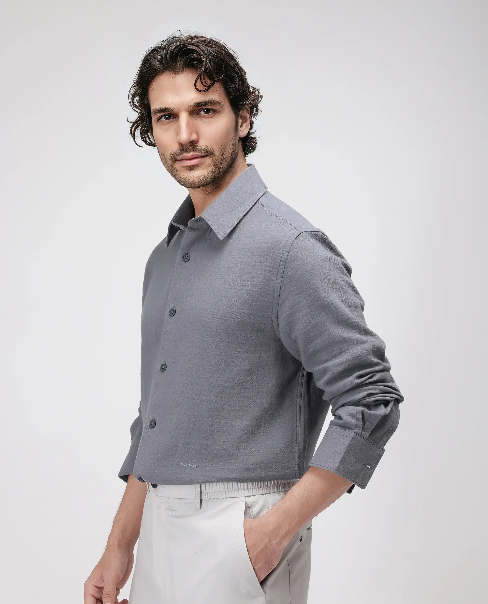 Rare Rabbit Men's Enim Dark Grey Cotton Plain Relaxed Fit Full Sleeve Collared Shirt - Image 5