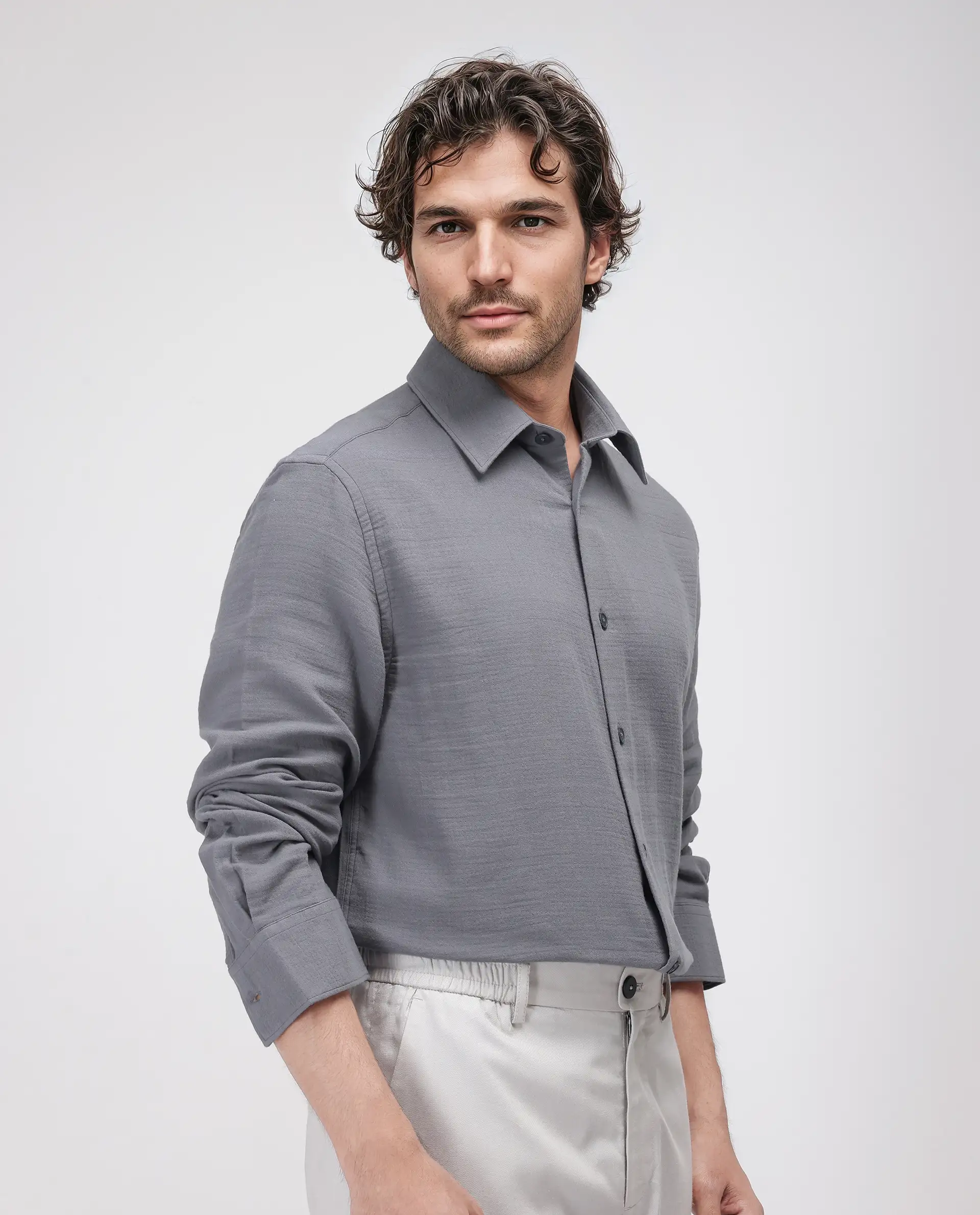 Rare Rabbit Men's Enim Dark Grey Cotton Plain Relaxed Fit Full Sleeve Collared Shirt - Image 6