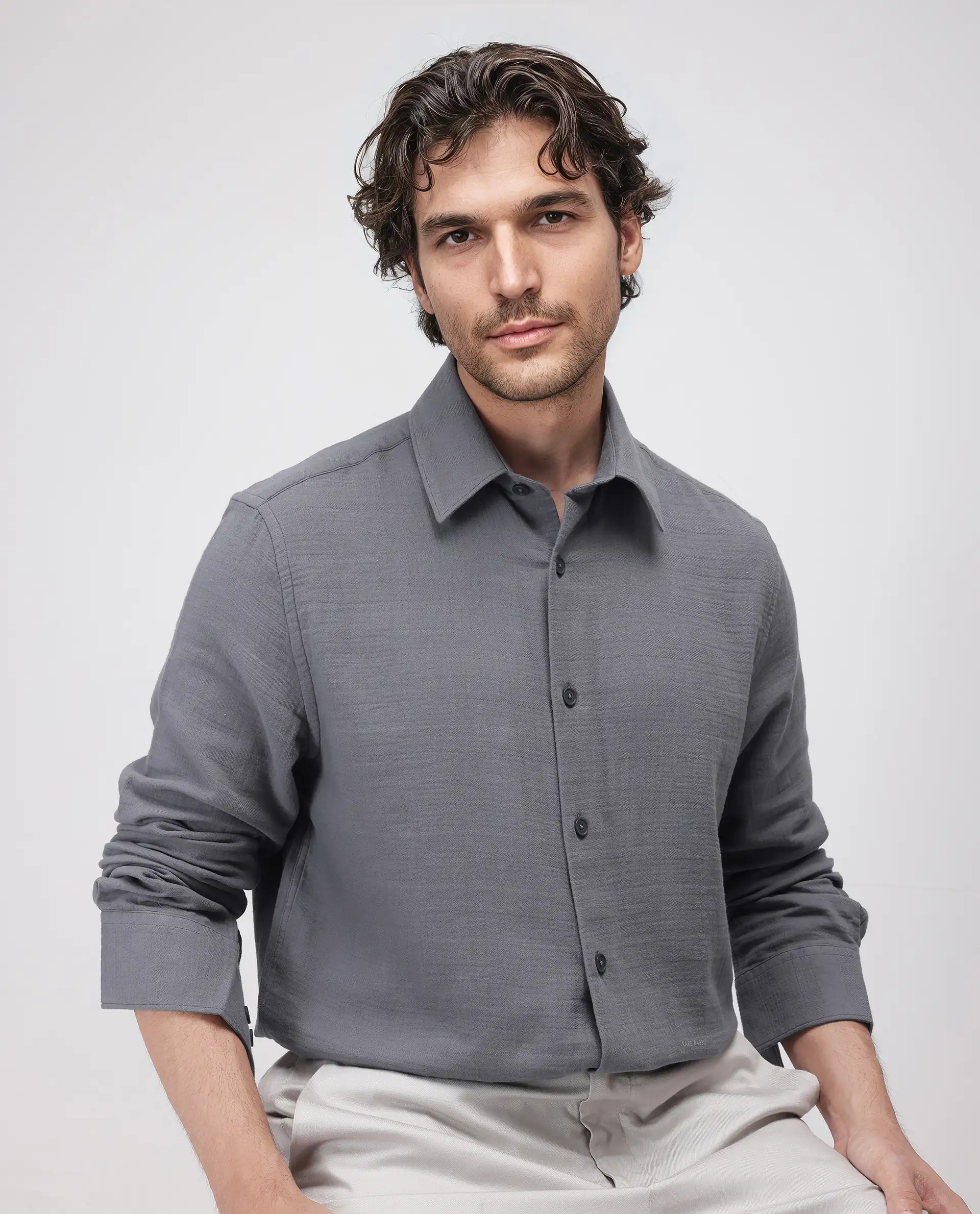 Rare Rabbit Men's Enim Dark Grey Cotton Plain Relaxed Fit Full Sleeve Collared Shirt - Image 8