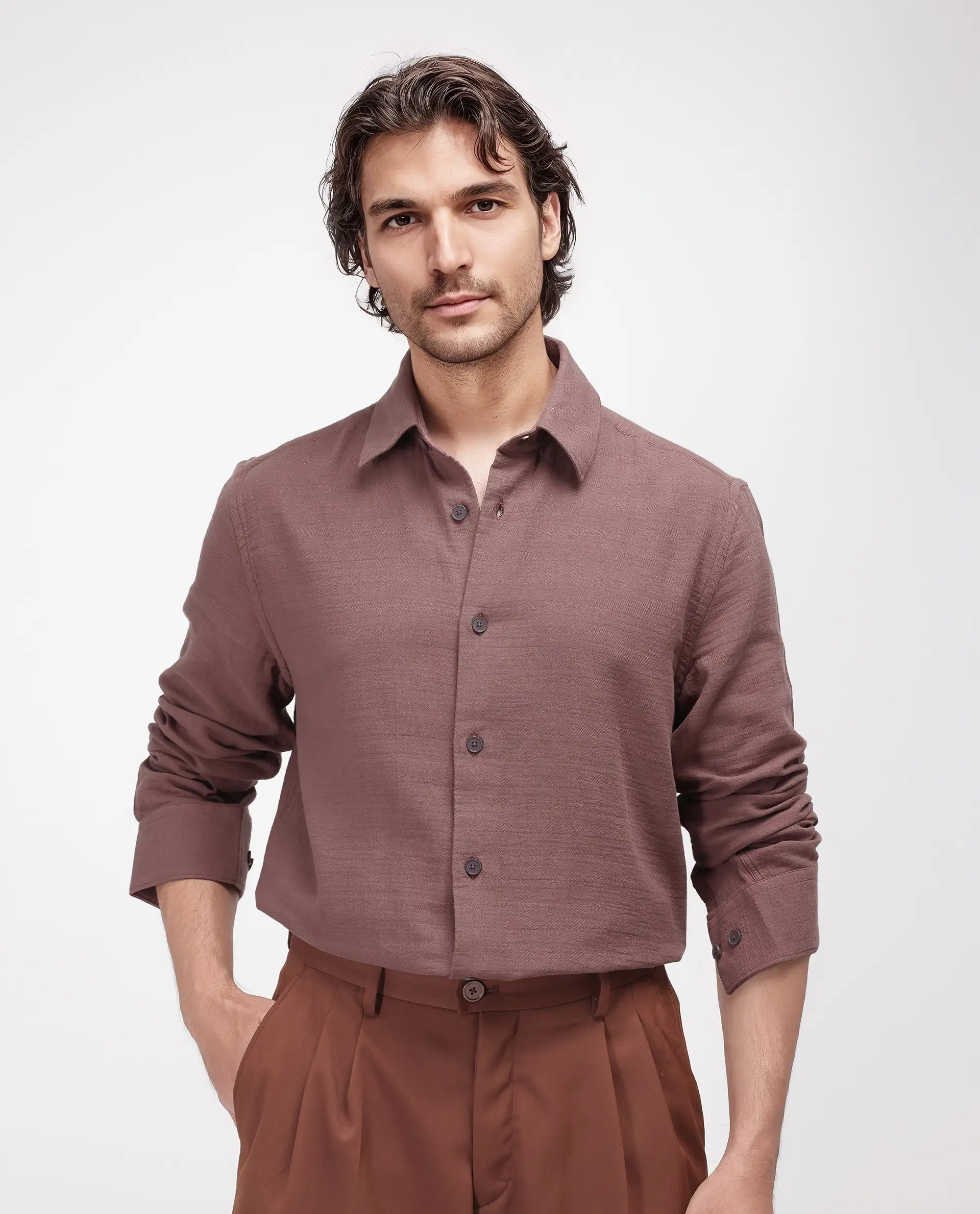 Rare Rabbit Men's Enim Dusky Maroon Cotton Plain Relaxed Fit Full Sleeve Spread Collar Shirt - Image 2