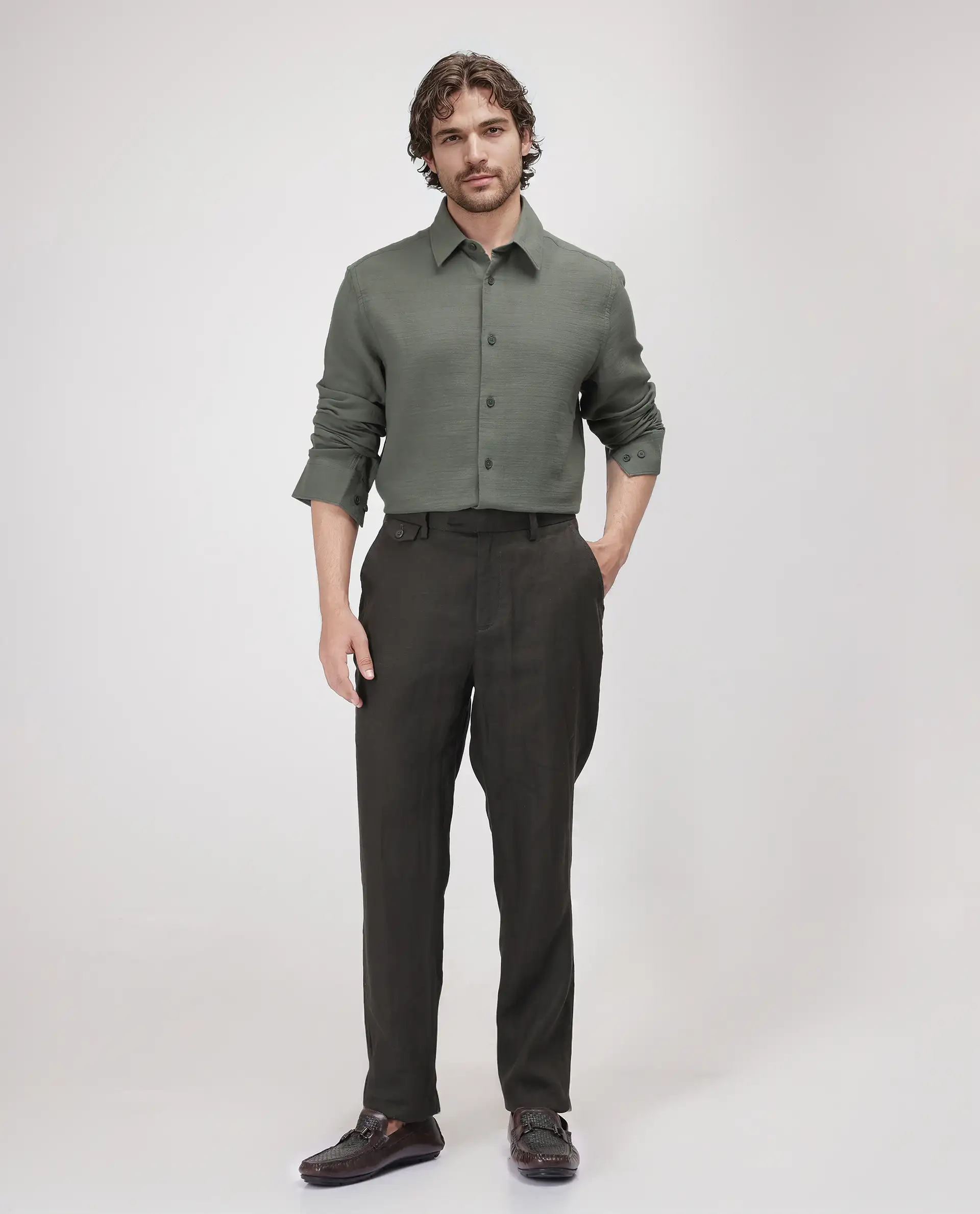 Rare Rabbit Men's Enim Olive Cotton Plain Regular Fit Full Sleeve Collared Shirt - Image 2