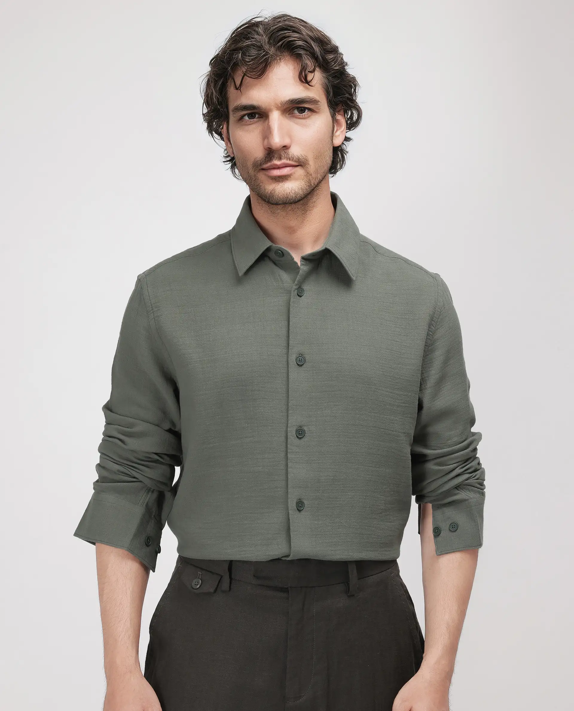 Rare Rabbit Men's Enim Olive Cotton Plain Regular Fit Full Sleeve Collared Shirt - Image 5