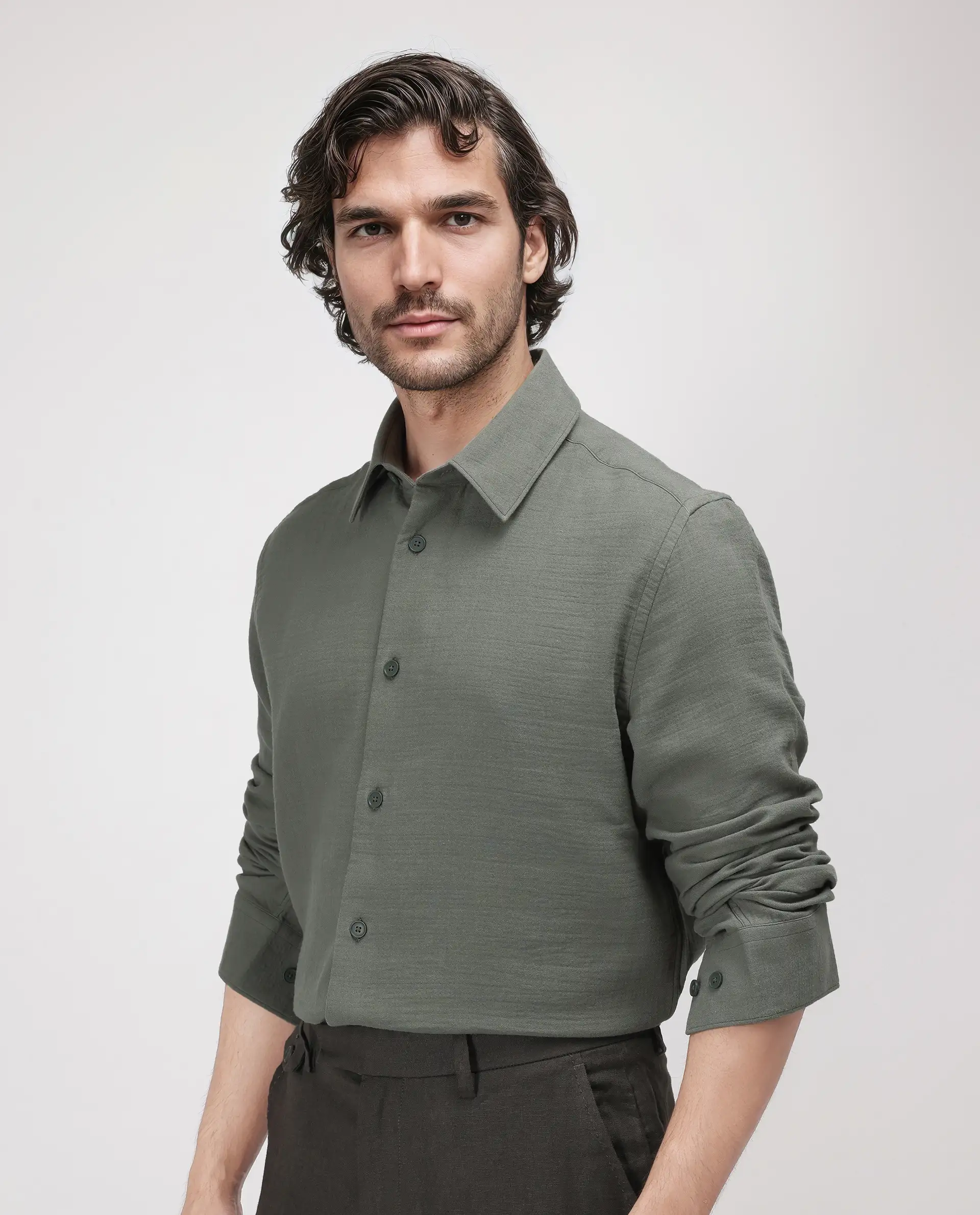 Rare Rabbit Men's Enim Olive Cotton Plain Regular Fit Full Sleeve Collared Shirt - Image 6