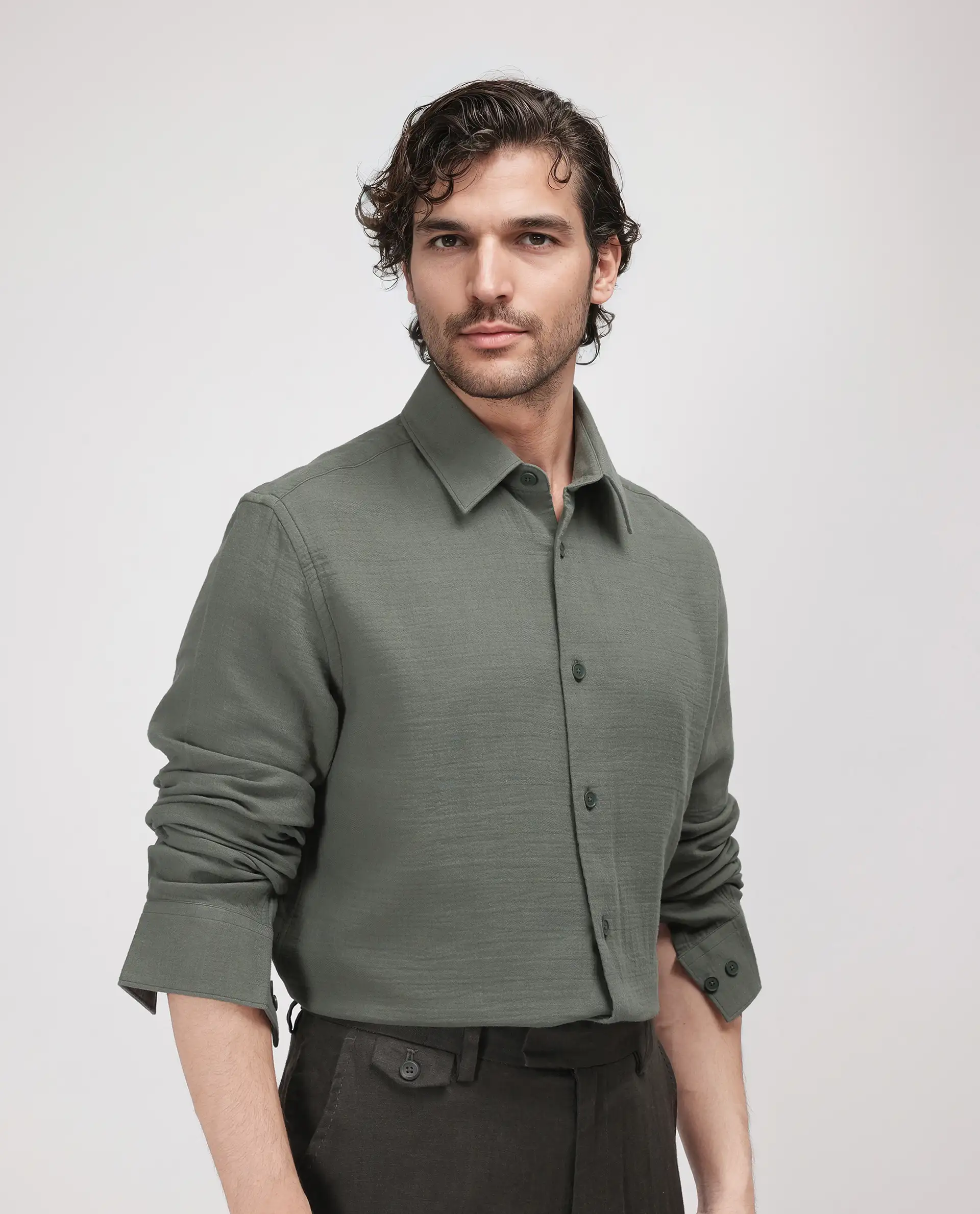 Rare Rabbit Men's Enim Olive Cotton Plain Regular Fit Full Sleeve Collared Shirt - Image 7