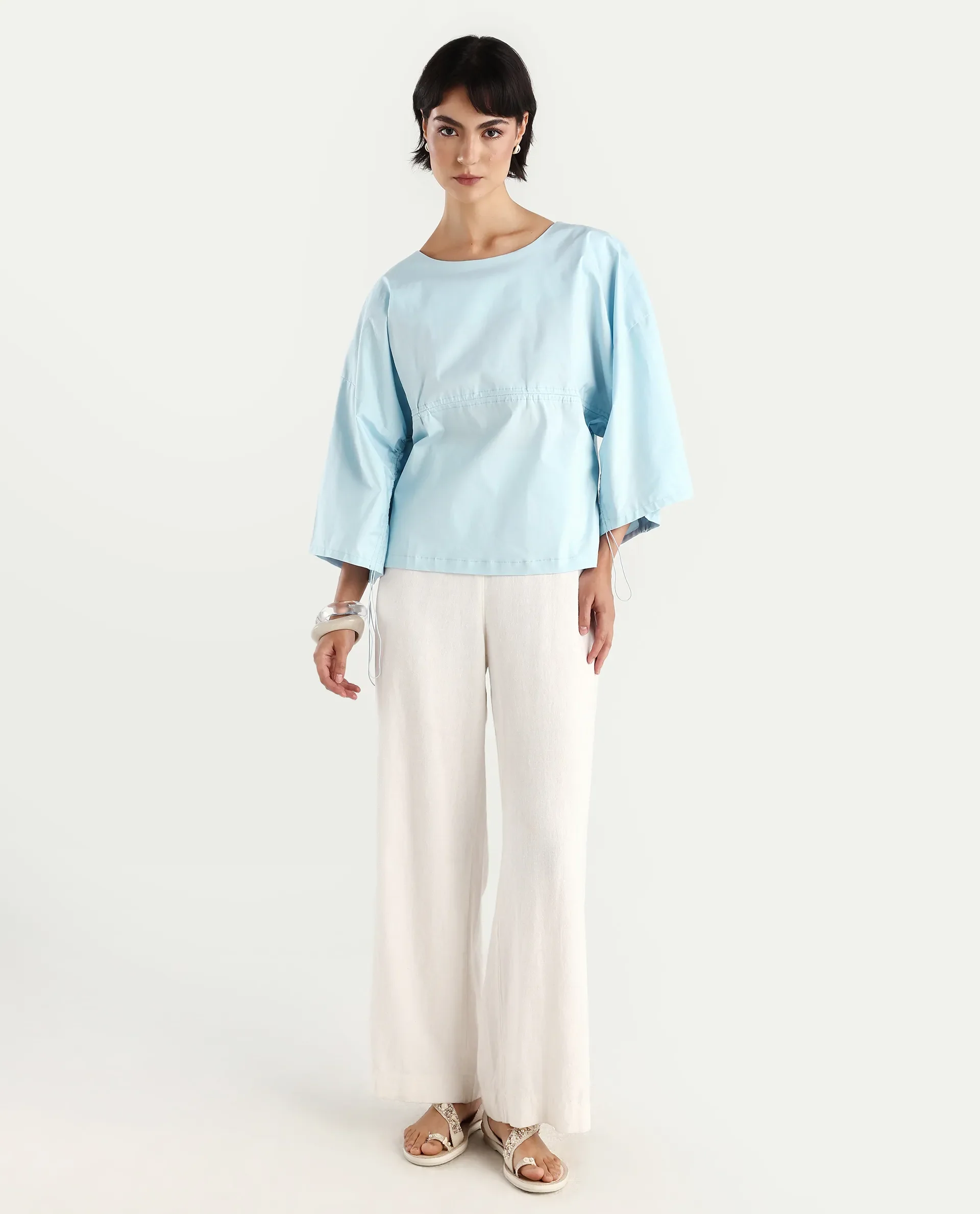 Rareism Women's Eniv Light Blue Cotton Blend Crew Neck Plain Extended Sleeves Regular Fit Top - Image 2