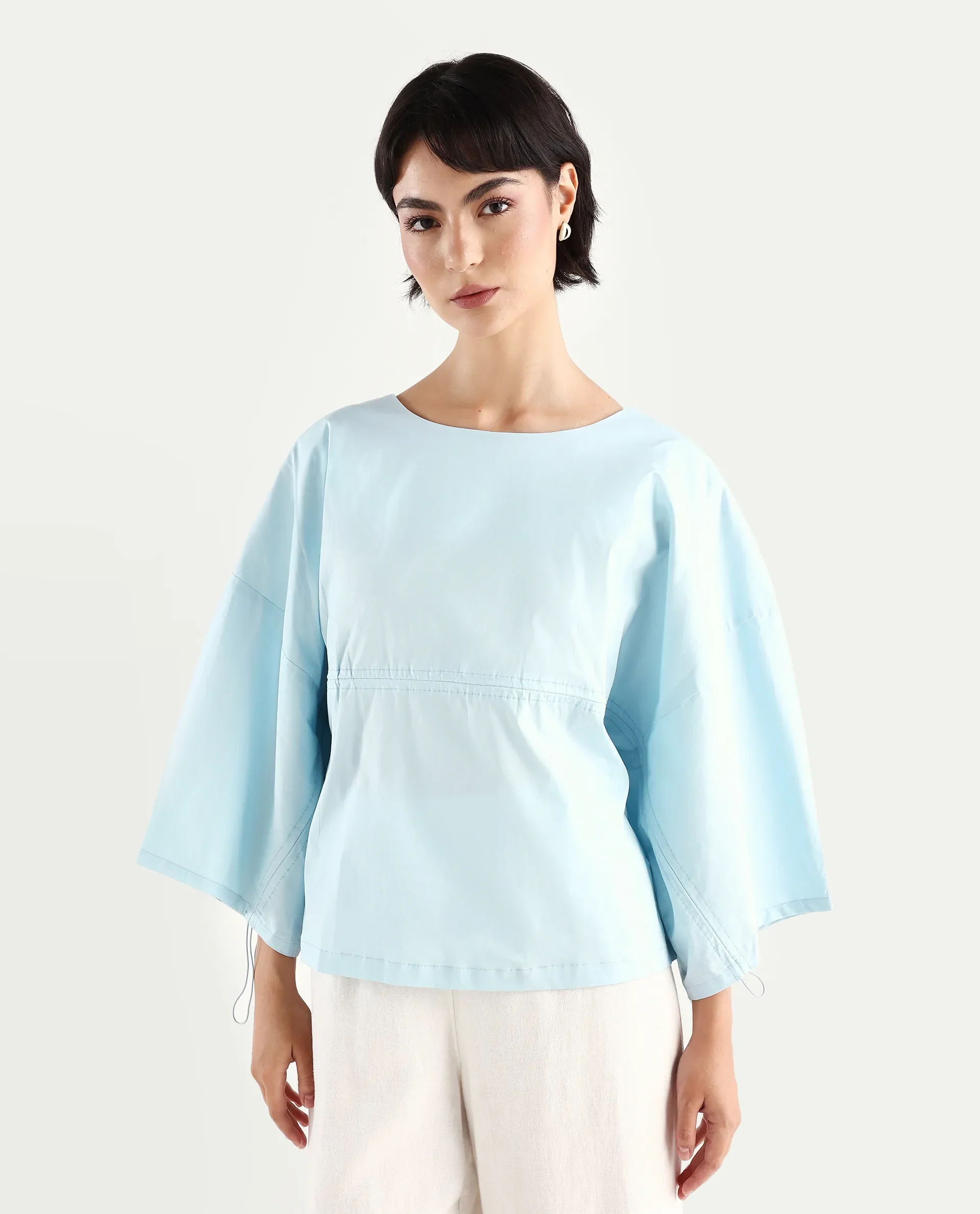 Rareism Women's Eniv Light Blue Cotton Blend Crew Neck Plain Extended Sleeves Regular Fit Top - Image 3