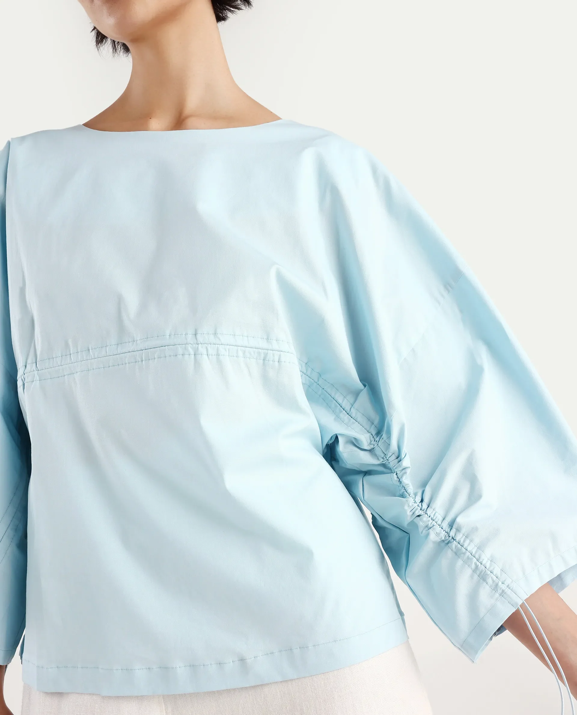 Rareism Women's Eniv Light Blue Cotton Blend Crew Neck Plain Extended Sleeves Regular Fit Top - Image 4