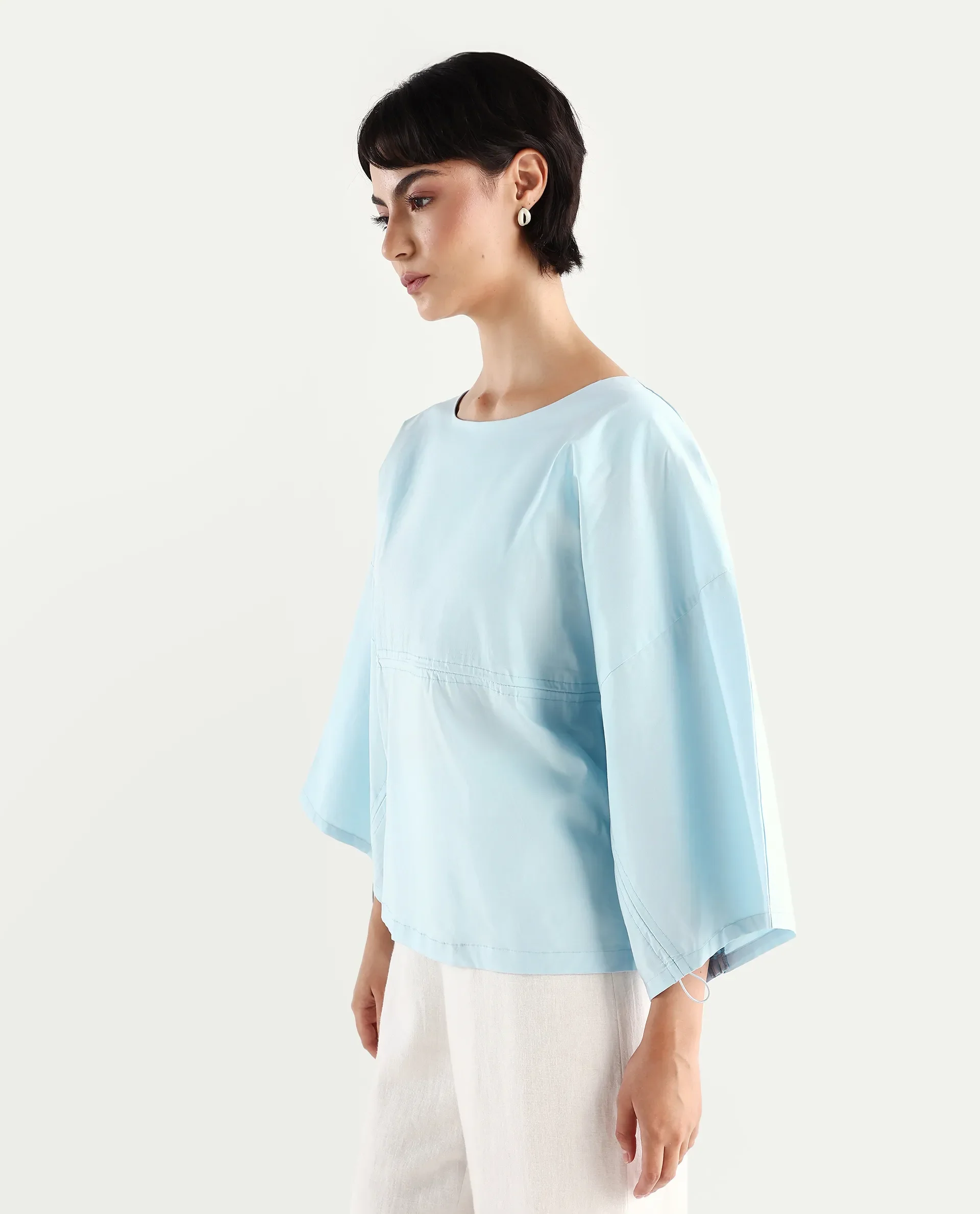 Rareism Women's Eniv Light Blue Cotton Blend Crew Neck Plain Extended Sleeves Regular Fit Top - Image 5