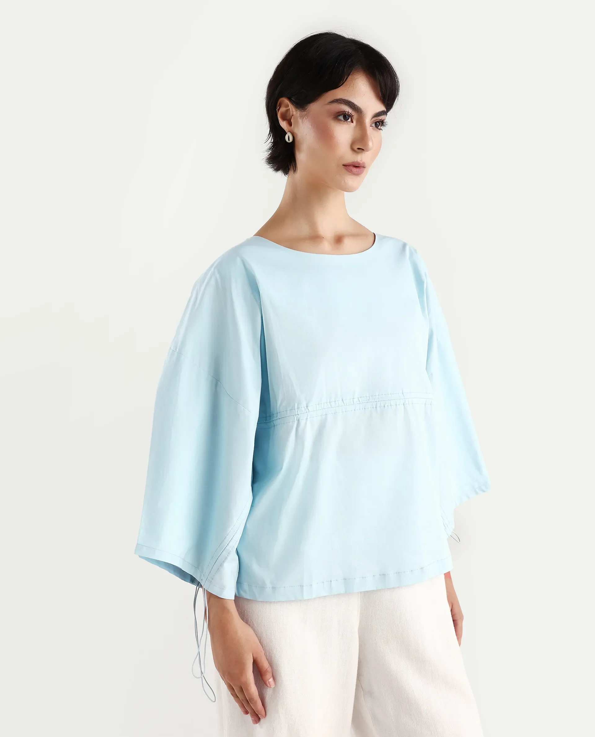 Rareism Women's Eniv Light Blue Cotton Blend Crew Neck Plain Extended Sleeves Regular Fit Top - Image 6