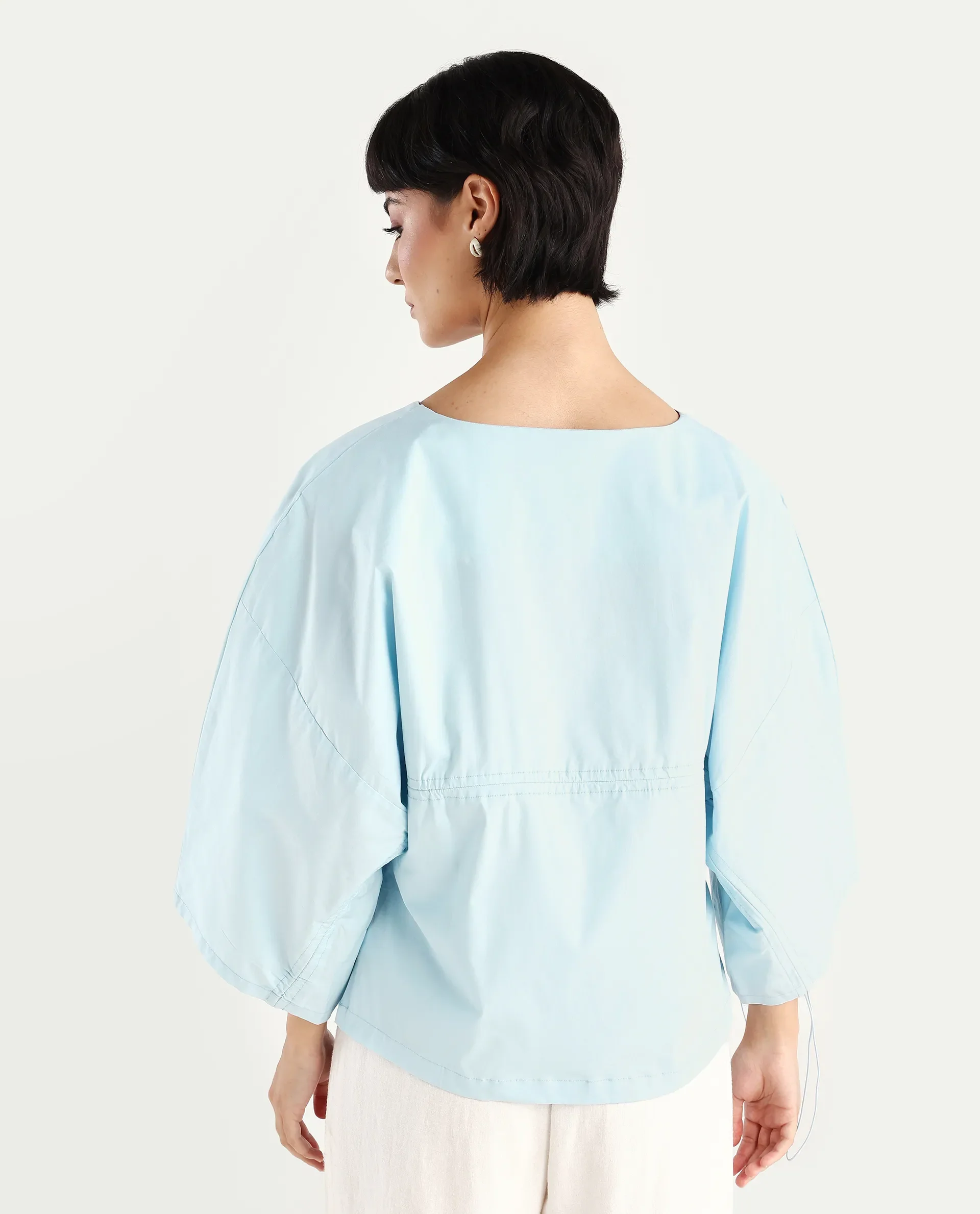 Rareism Women's Eniv Light Blue Cotton Blend Crew Neck Plain Extended Sleeves Regular Fit Top - Image 7
