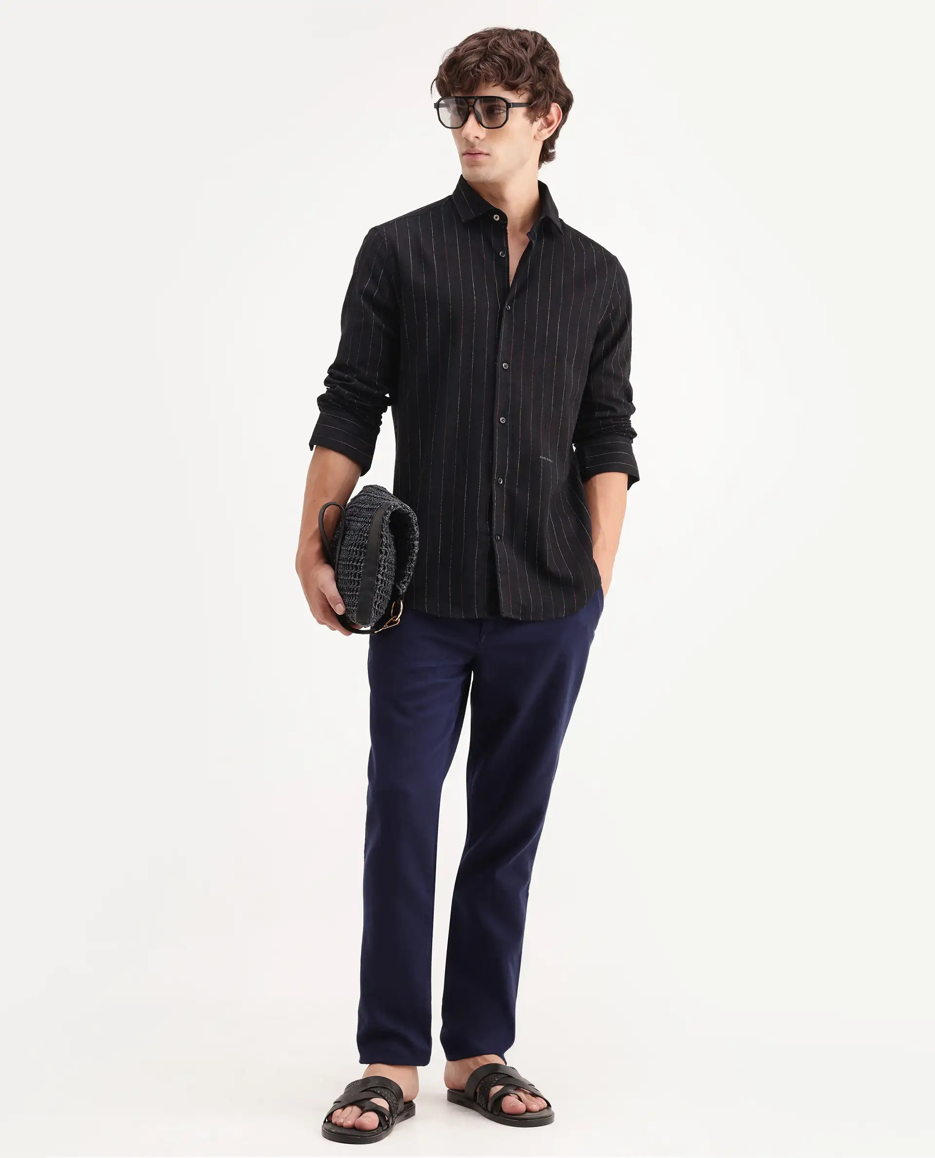 Rare Rabbit Men's Enoch Black Cotton Blend Fabric Full Sleeve Regular Fit Striped Shirt - Image 2
