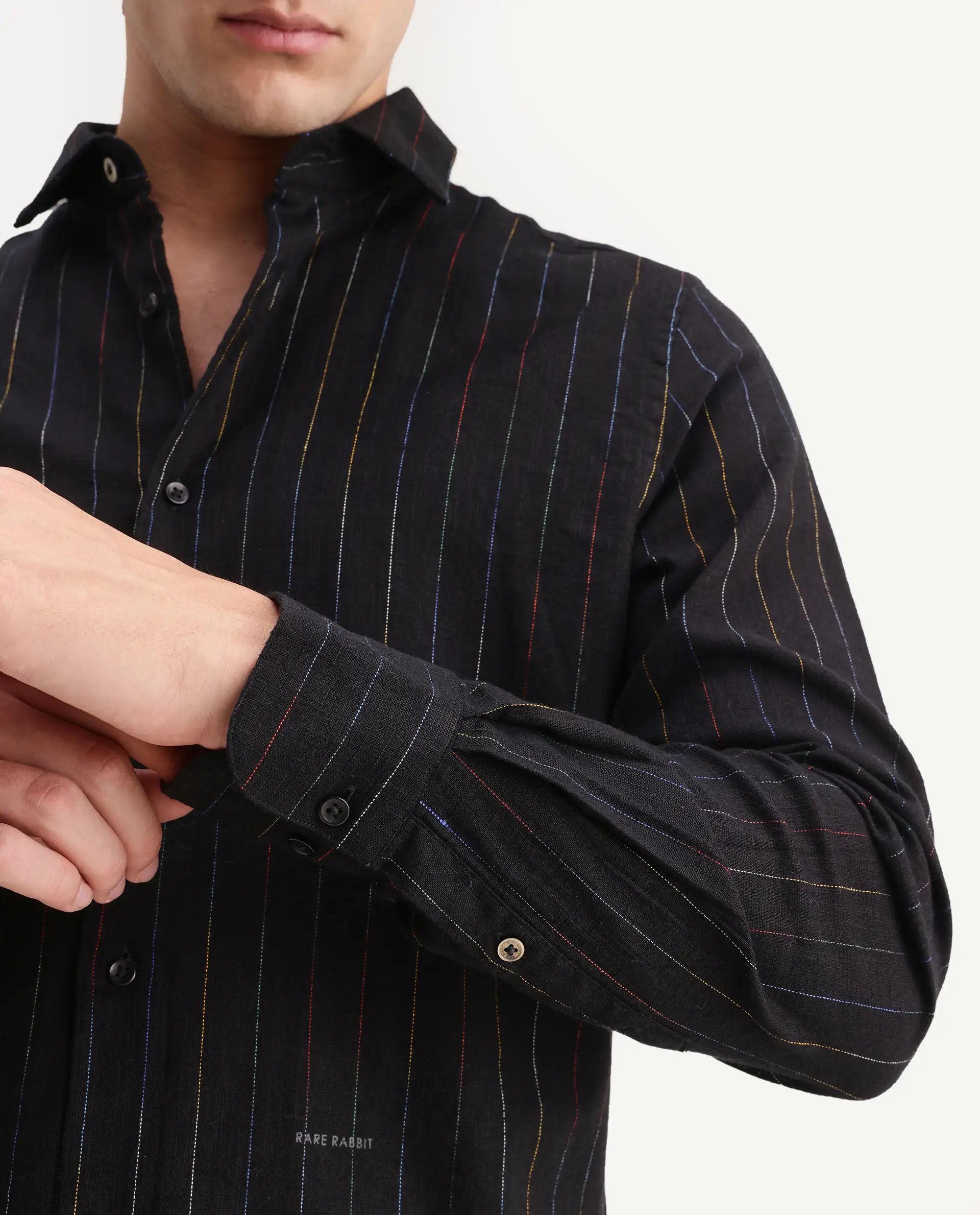 Rare Rabbit Men's Enoch Black Cotton Blend Fabric Full Sleeve Regular Fit Striped Shirt - Image 3
