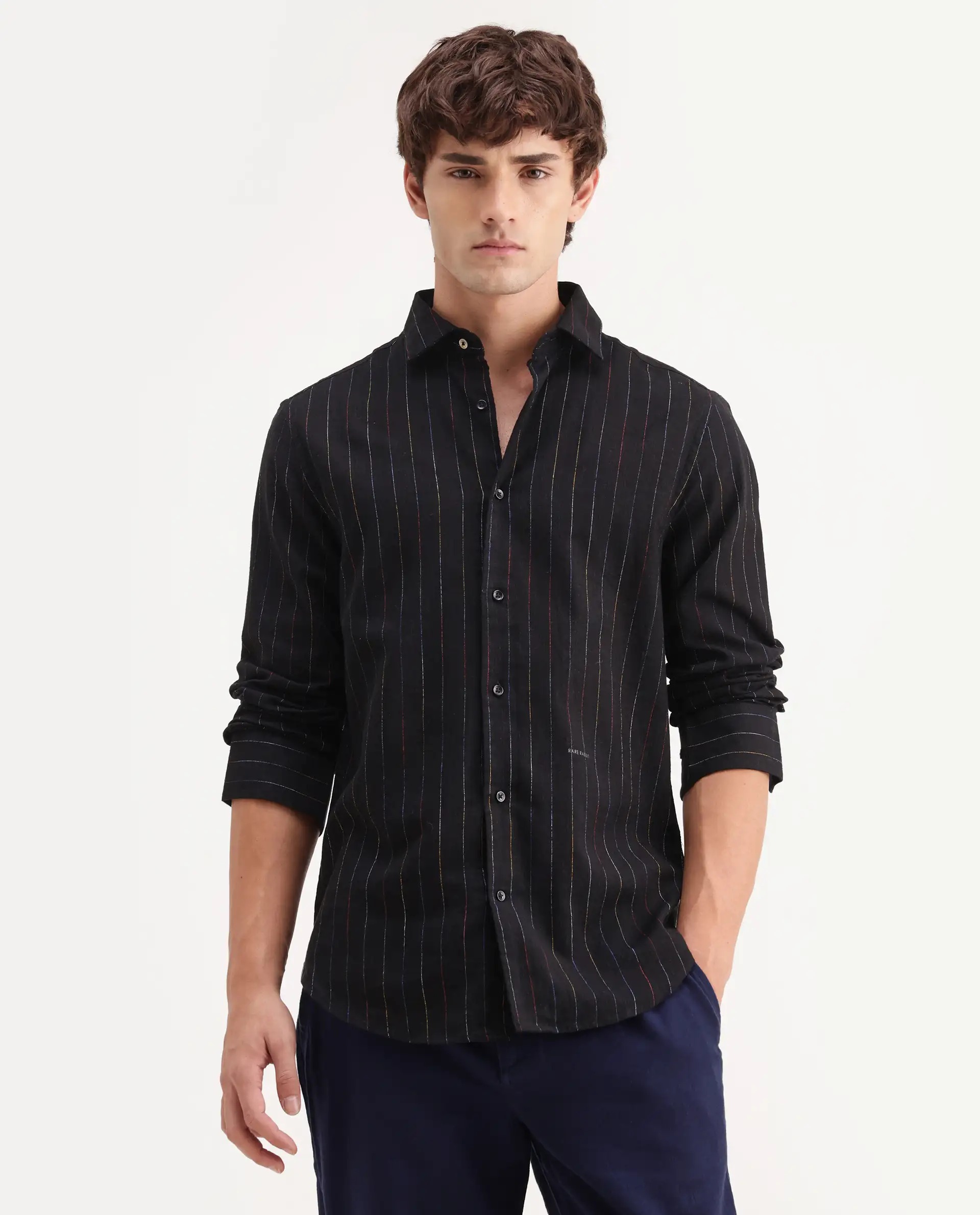Rare Rabbit Men's Enoch Black Cotton Blend Fabric Full Sleeve Regular Fit Striped Shirt - Image 4