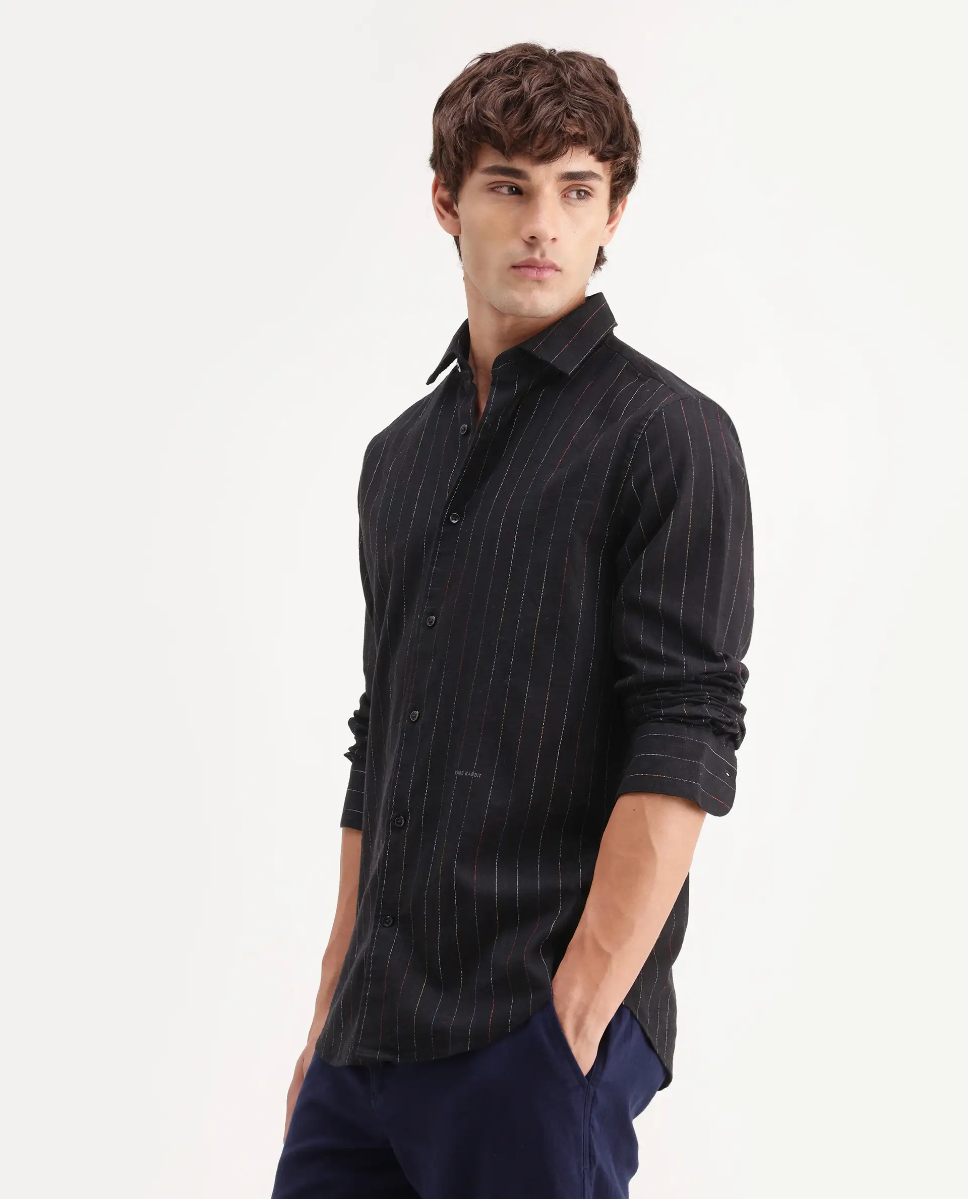 Rare Rabbit Men's Enoch Black Cotton Blend Fabric Full Sleeve Regular Fit Striped Shirt - Image 7