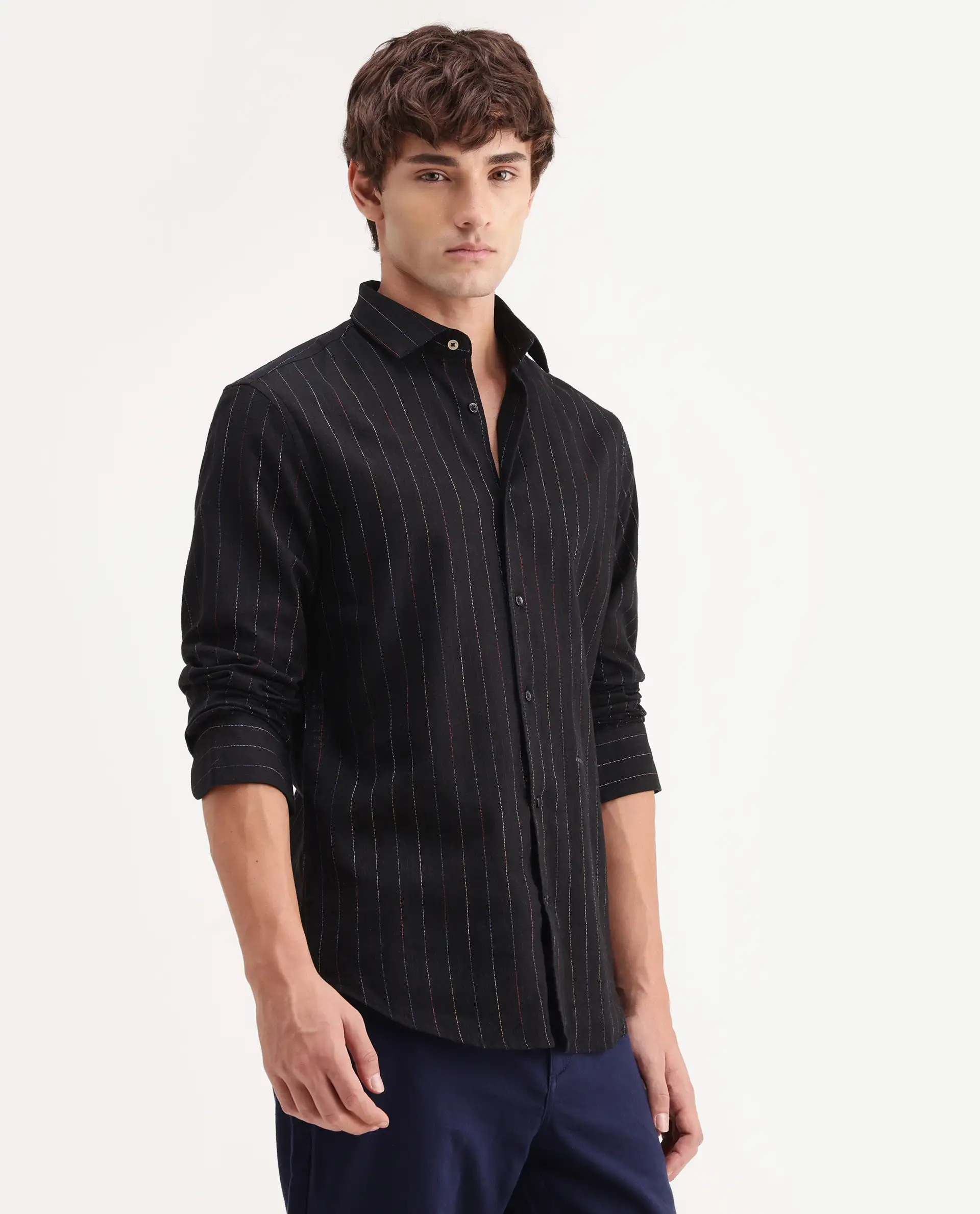 Rare Rabbit Men's Enoch Black Cotton Blend Fabric Full Sleeve Regular Fit Striped Shirt - Image 8