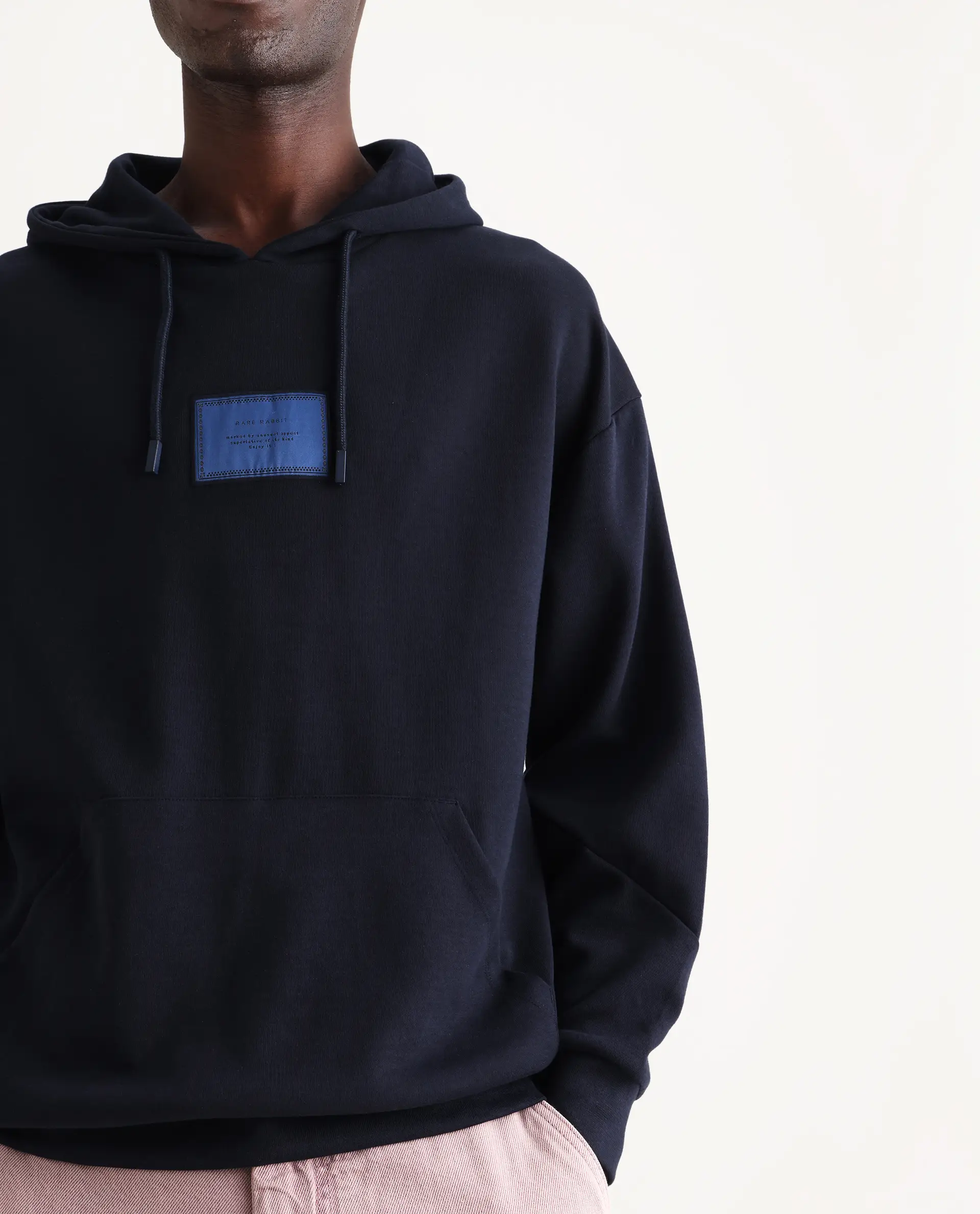 Rare Rabbit Men's Enoch Navy Cotton Blend Plain Boxy Fit Full Sleeve Hooded Sweatshirt - Image 3