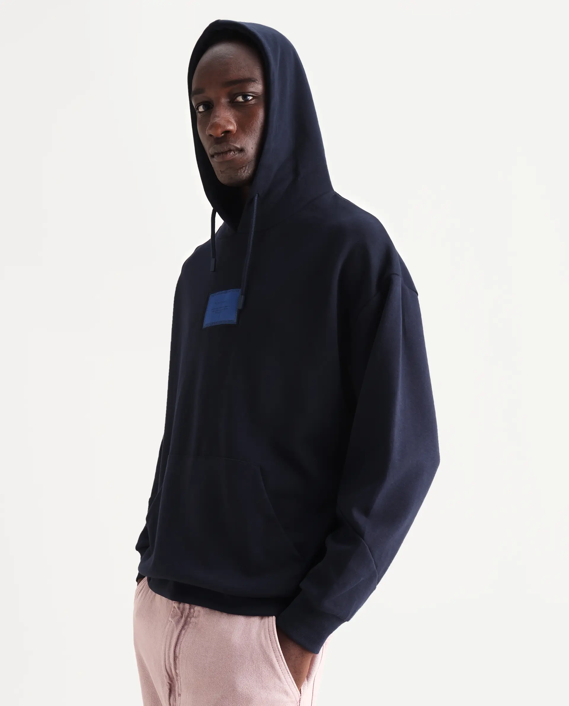 Rare Rabbit Men's Enoch Navy Cotton Blend Plain Boxy Fit Full Sleeve Hooded Sweatshirt - Image 4