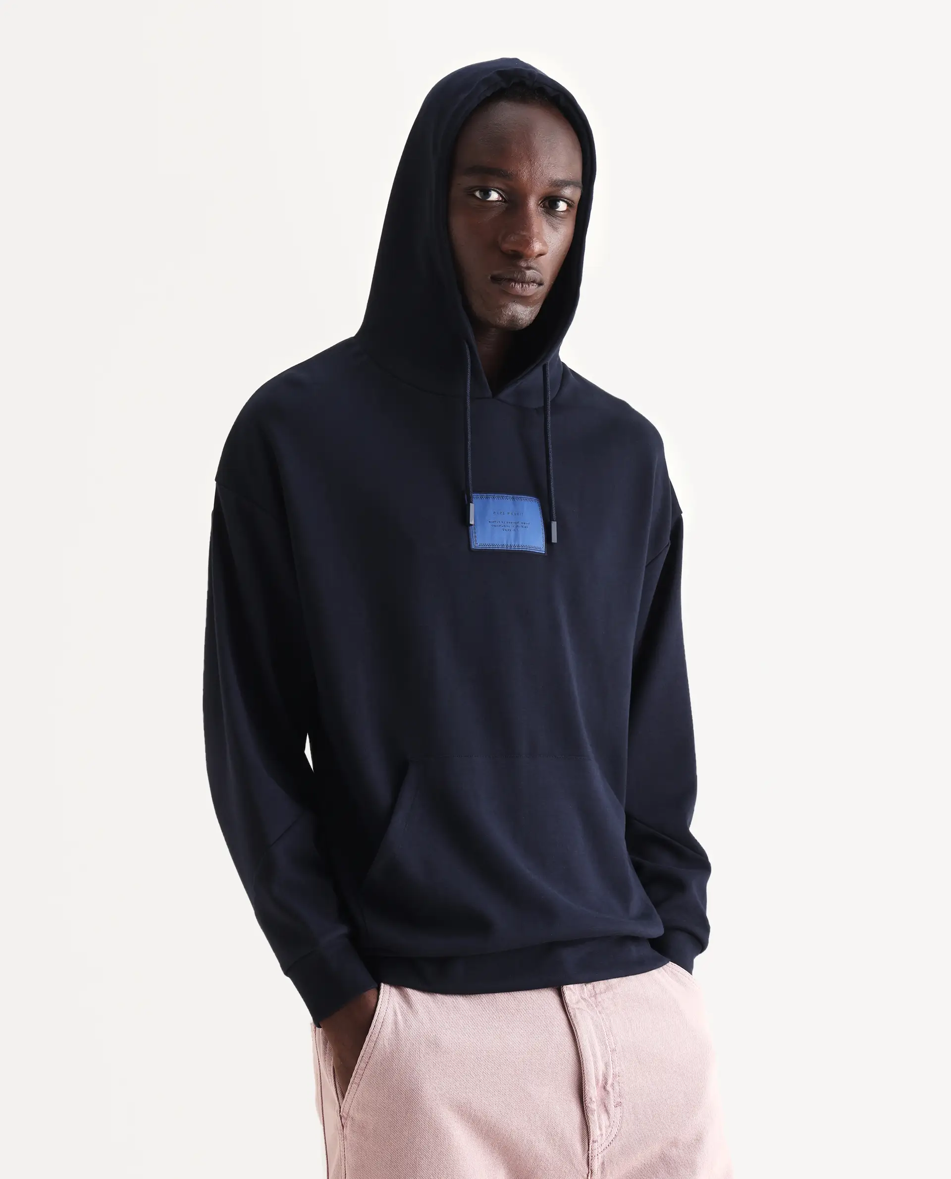 Rare Rabbit Men's Enoch Navy Cotton Blend Plain Boxy Fit Full Sleeve Hooded Sweatshirt - Image 5