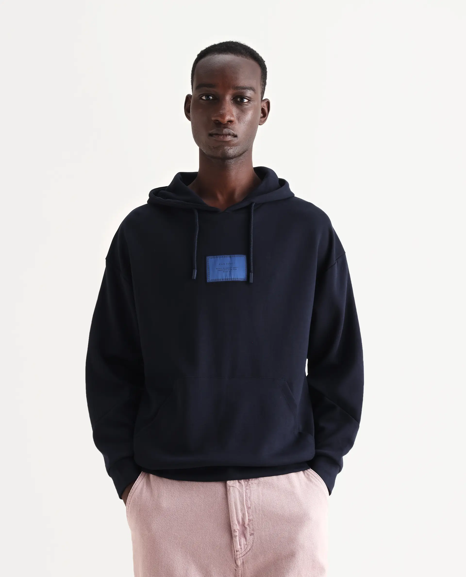 Rare Rabbit Men's Enoch Navy Cotton Blend Plain Boxy Fit Full Sleeve Hooded Sweatshirt - Image 6