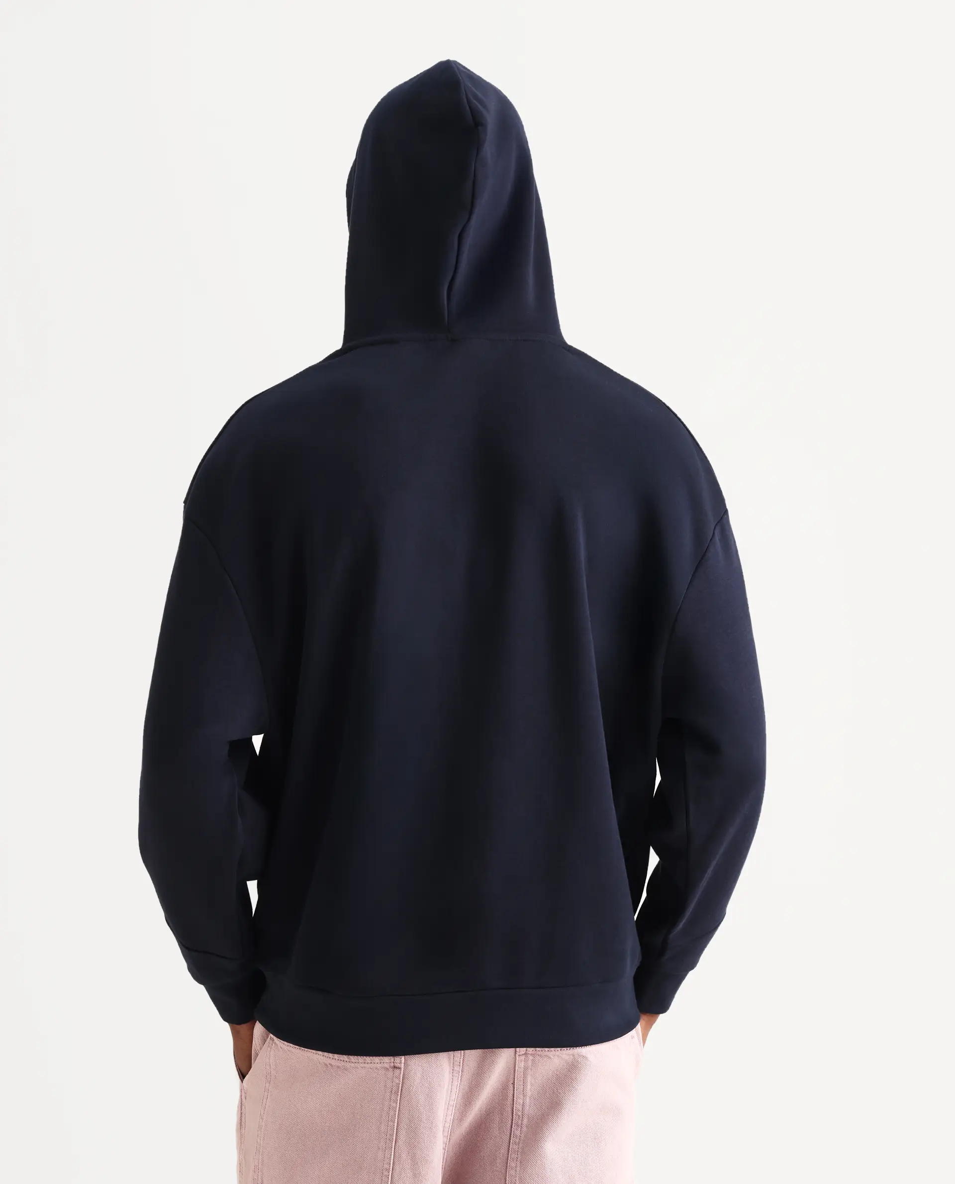 Rare Rabbit Men's Enoch Navy Cotton Blend Plain Boxy Fit Full Sleeve Hooded Sweatshirt - Image 7