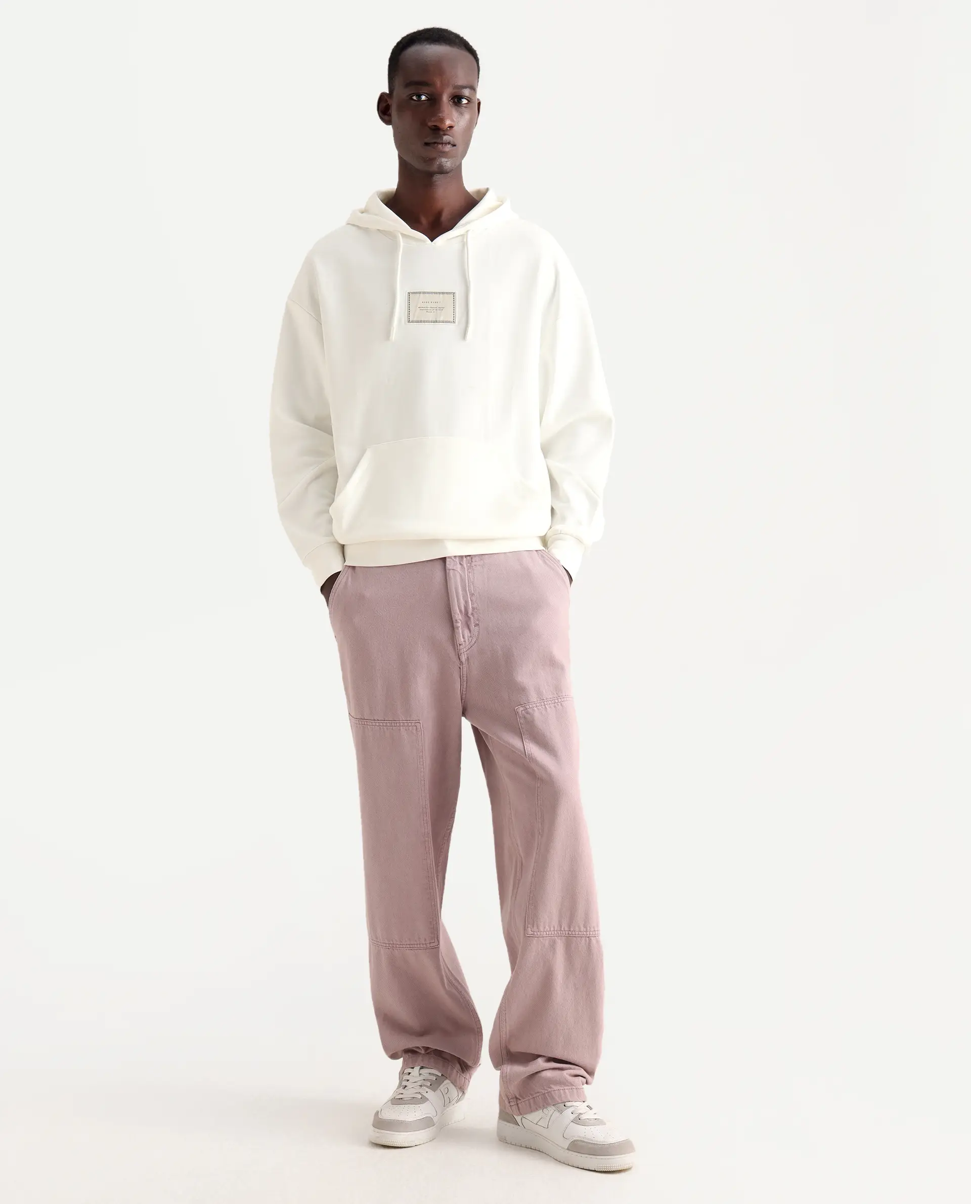 Rare Rabbit Men's Enoch Off White Cotton Blend Plain Boxy Fit Full Sleeve Hooded Sweatshirt - Image 2