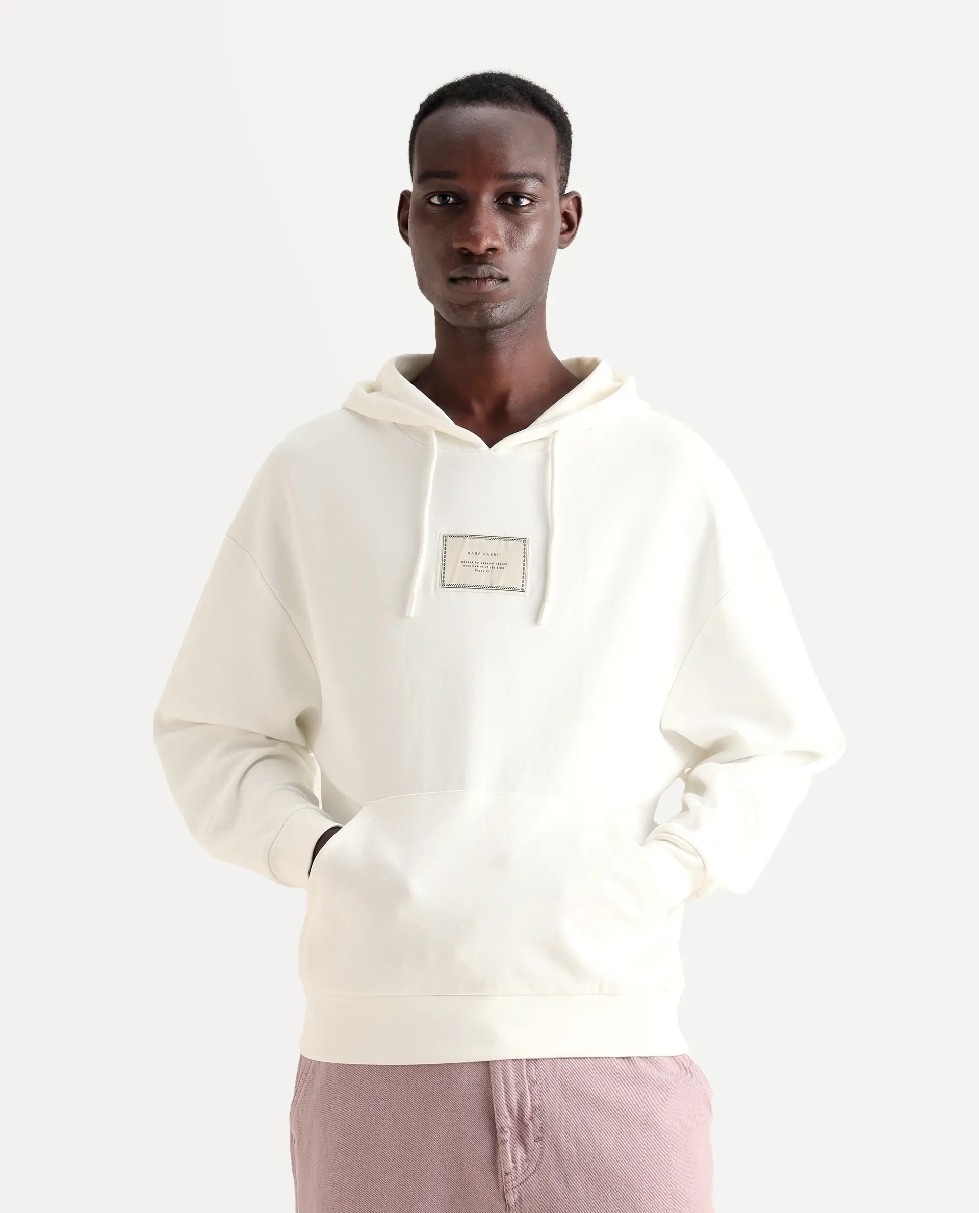 Rare Rabbit Men's Enoch Off White Cotton Blend Plain Boxy Fit Full Sleeve Hooded Sweatshirt - Image 4