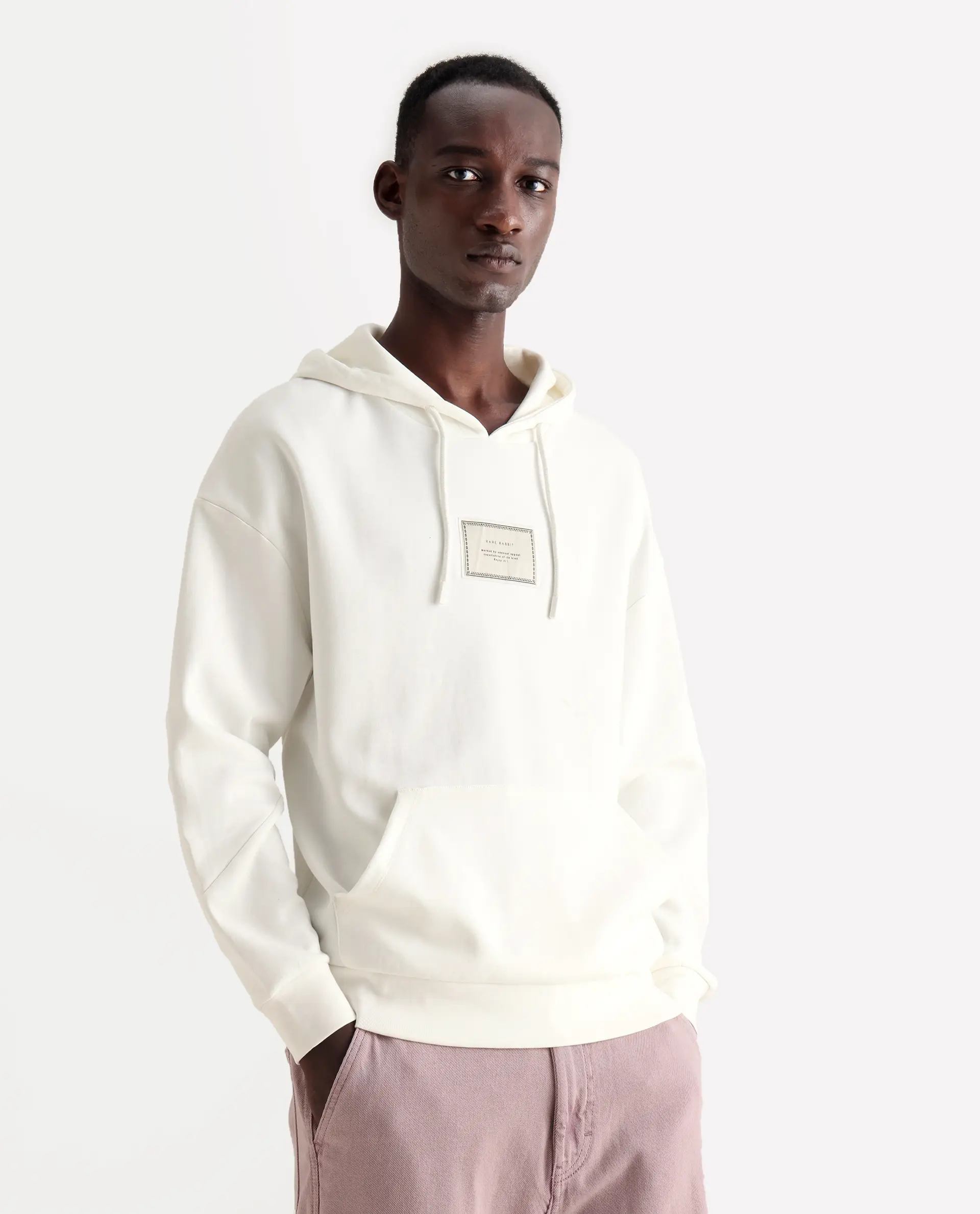 Rare Rabbit Men's Enoch Off White Cotton Blend Plain Boxy Fit Full Sleeve Hooded Sweatshirt - Image 5