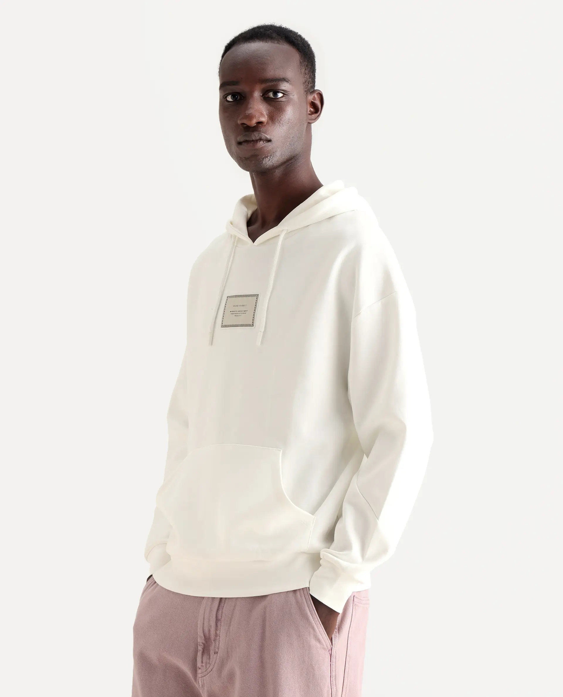 Rare Rabbit Men's Enoch Off White Cotton Blend Plain Boxy Fit Full Sleeve Hooded Sweatshirt - Image 6