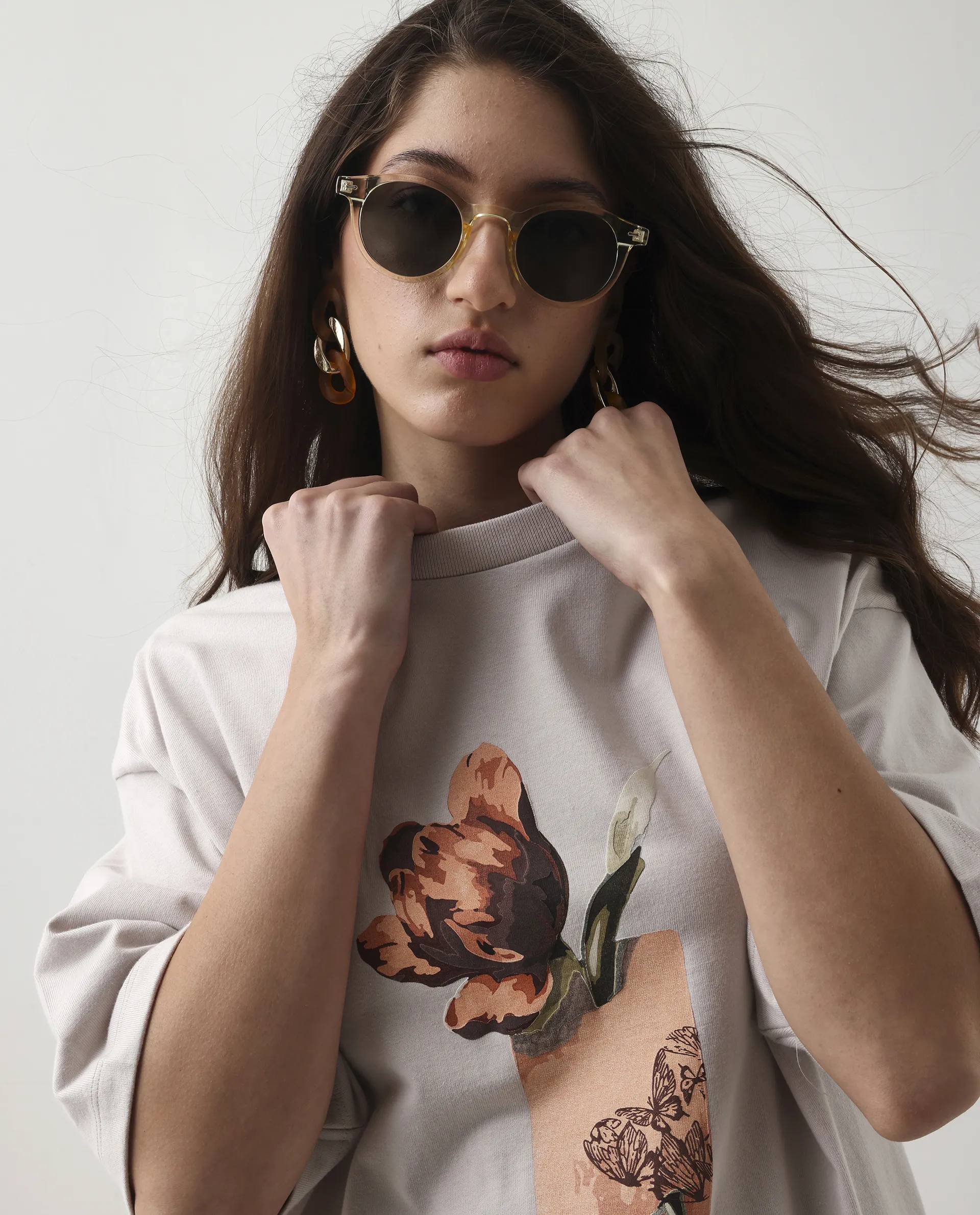 Rareism Women's Enof Beige Cotton Graphic Print Oversized T-Shirt