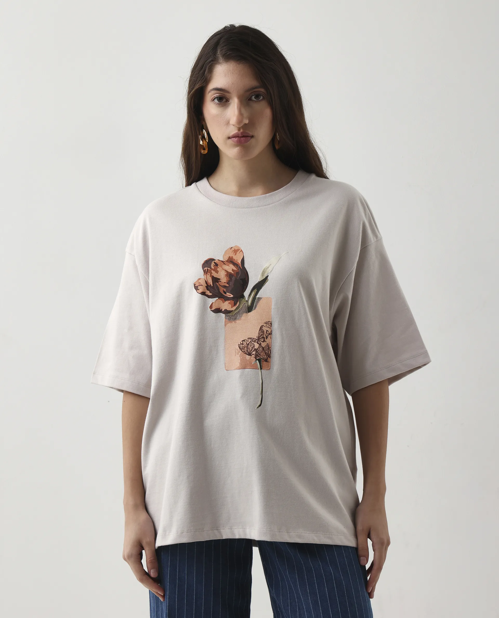 Rareism Women's Enof Beige Cotton Graphic Print Oversized T-Shirt - Image 2