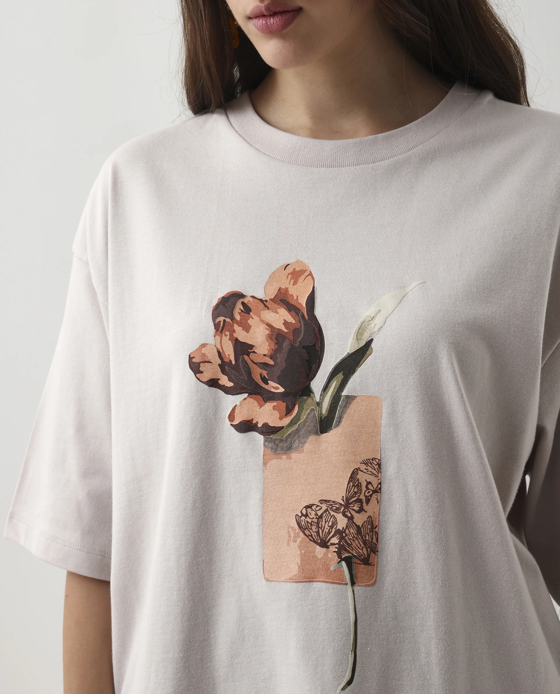 Rareism Women's Enof Beige Cotton Graphic Print Oversized T-Shirt - Image 3