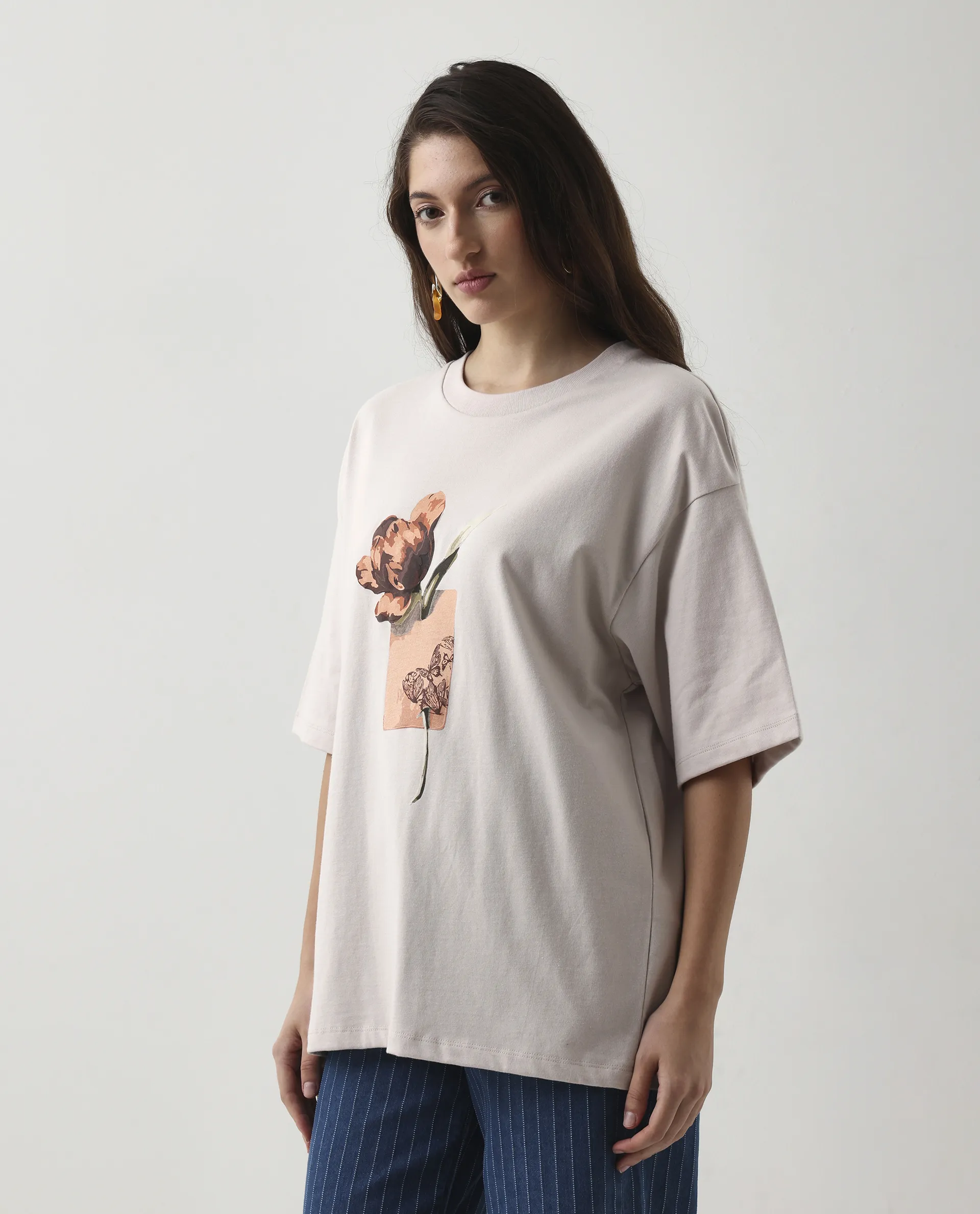 Rareism Women's Enof Beige Cotton Graphic Print Oversized T-Shirt - Image 4