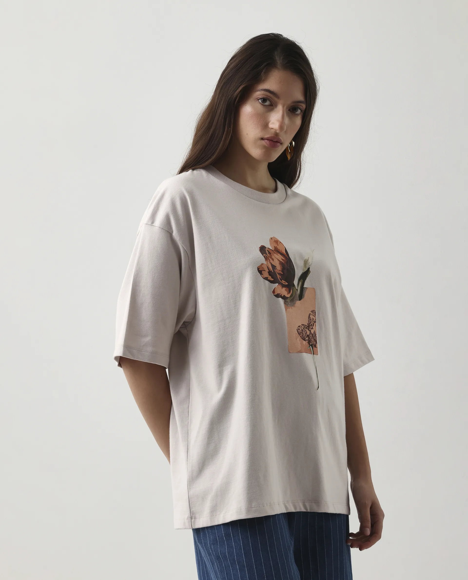 Rareism Women's Enof Beige Cotton Graphic Print Oversized T-Shirt - Image 5