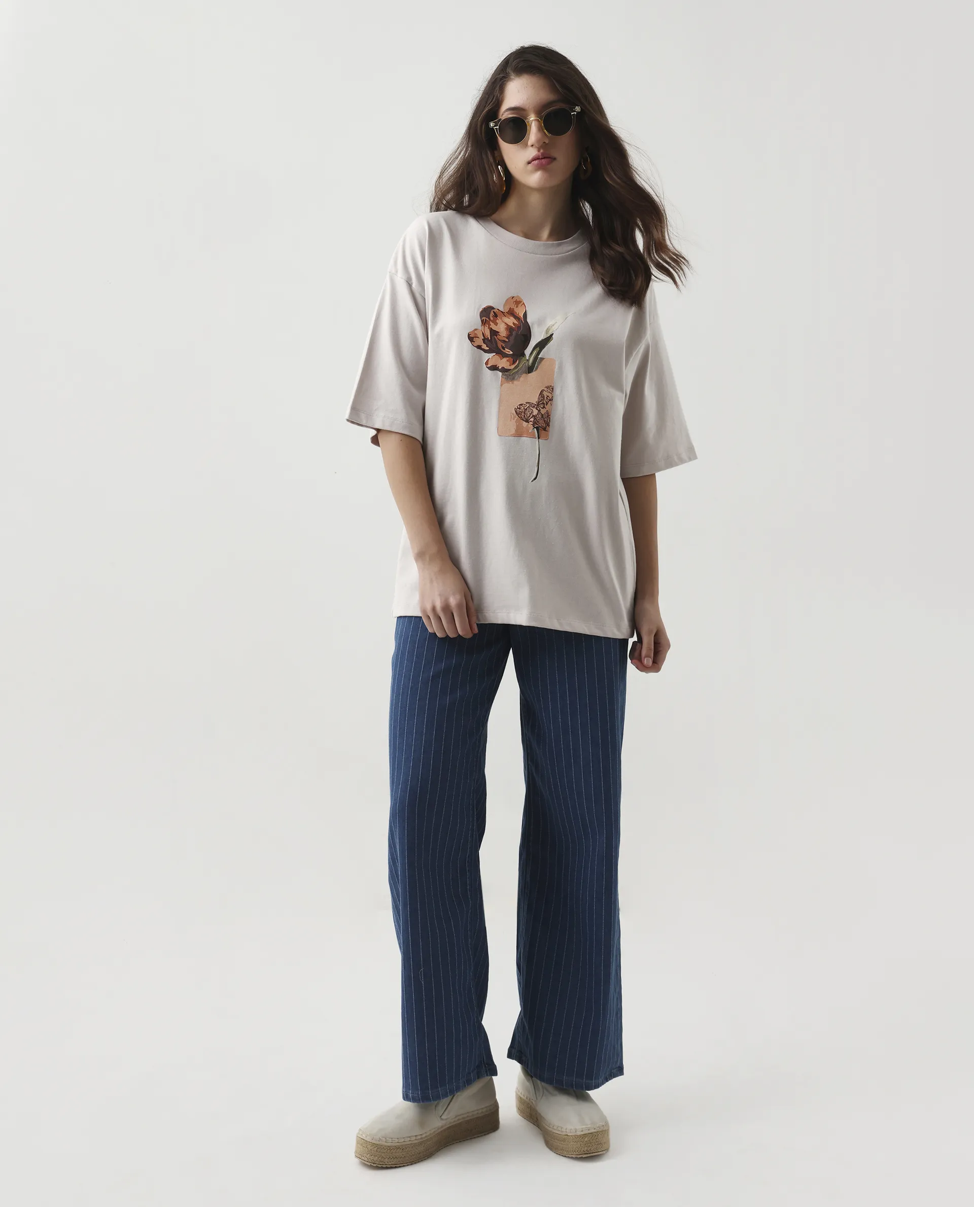 Rareism Women's Enof Beige Cotton Graphic Print Oversized T-Shirt - Image 6