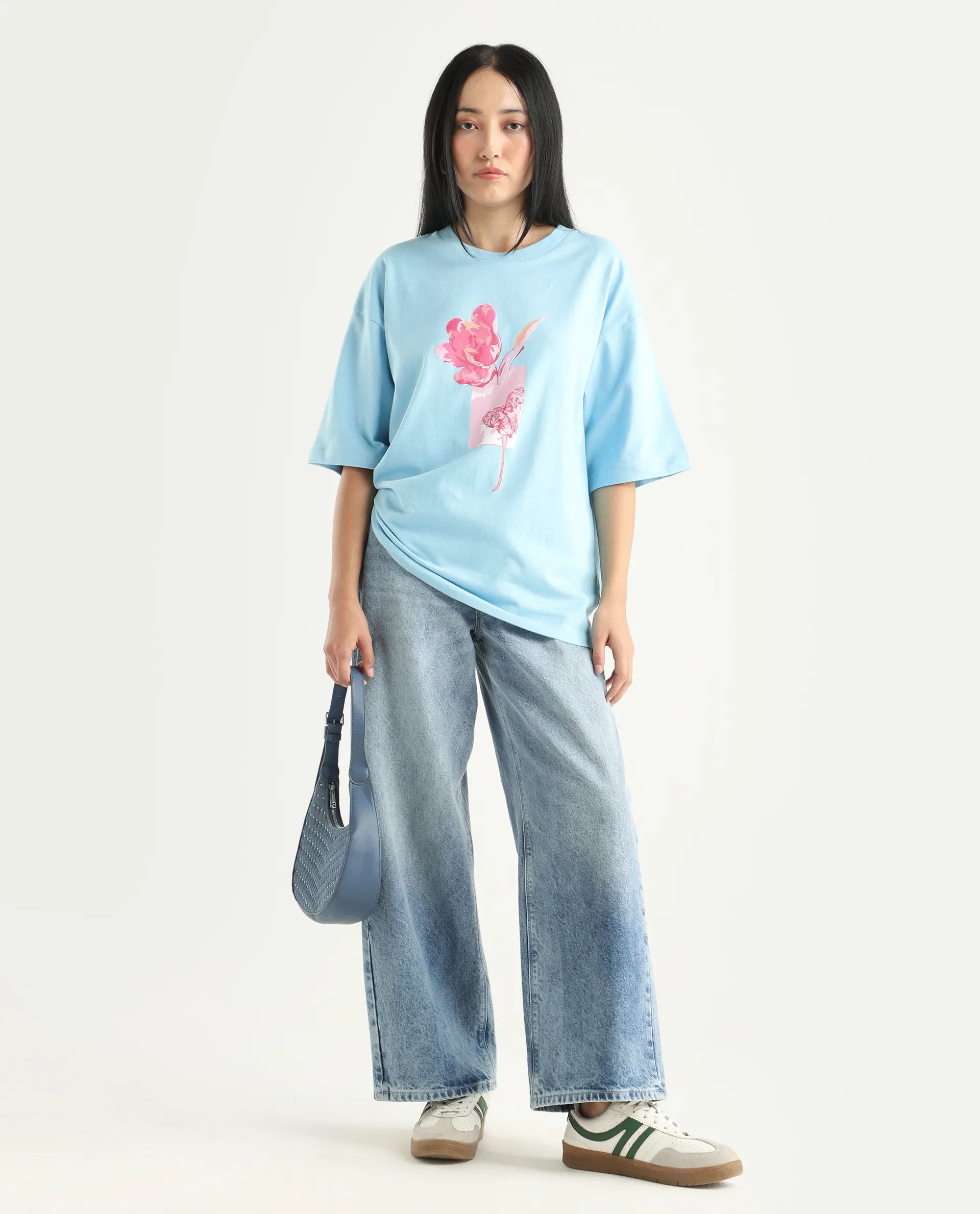 Rareism Women's Enof Blue Cotton Graphic Print Oversized T-Shirt - Image 2