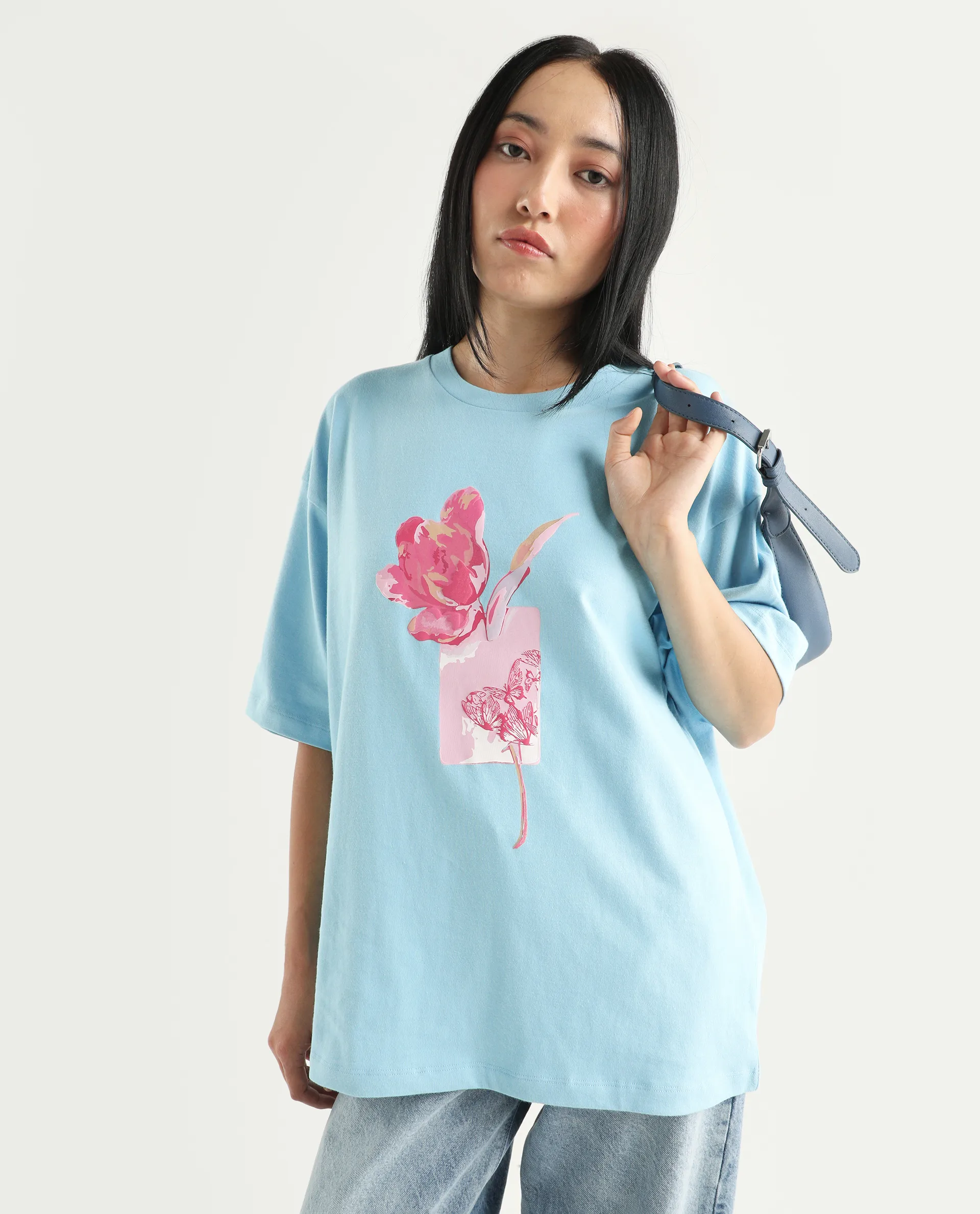 Rareism Women's Enof Blue Cotton Graphic Print Oversized T-Shirt - Image 3