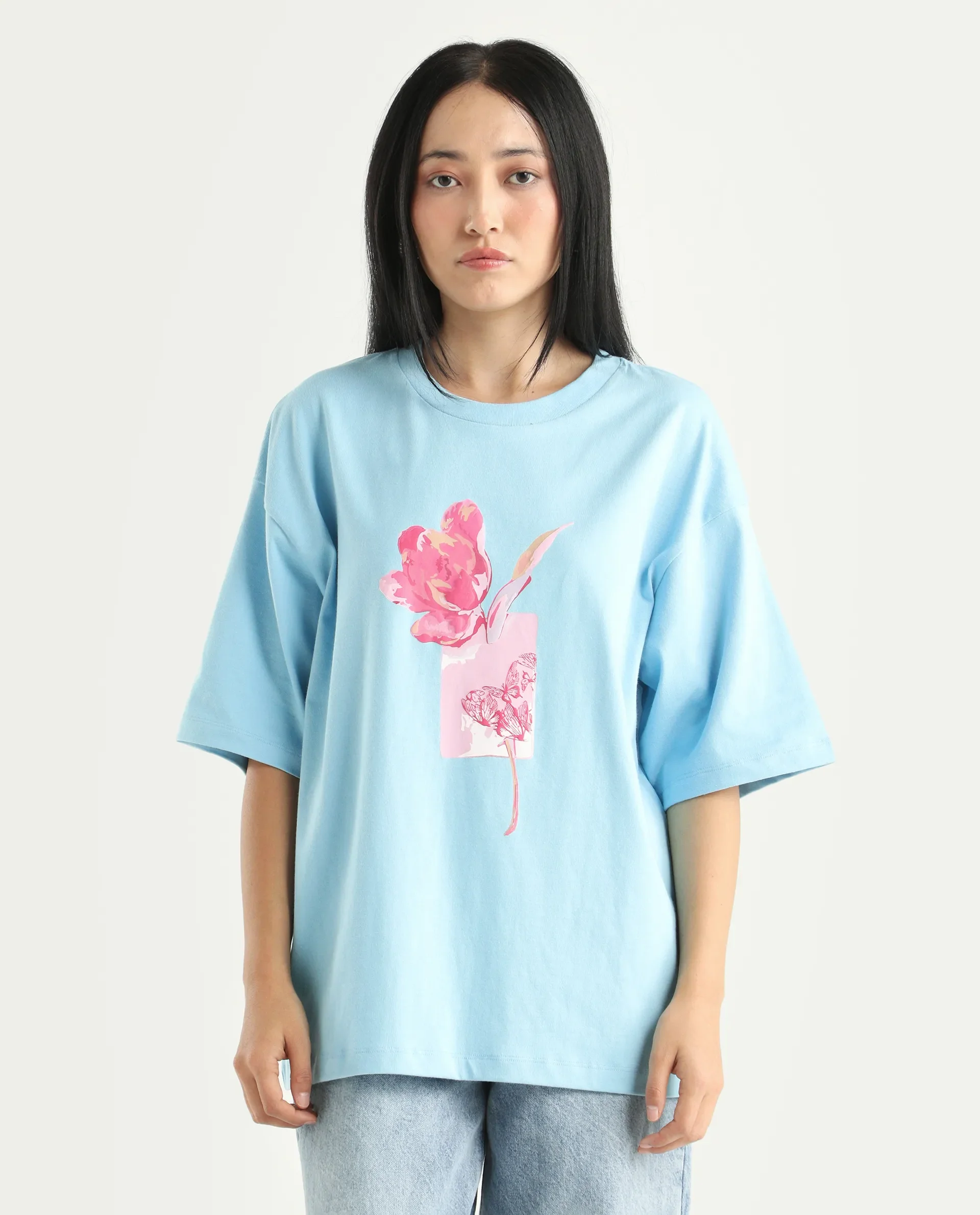 Rareism Women's Enof Blue Cotton Graphic Print Oversized T-Shirt - Image 4